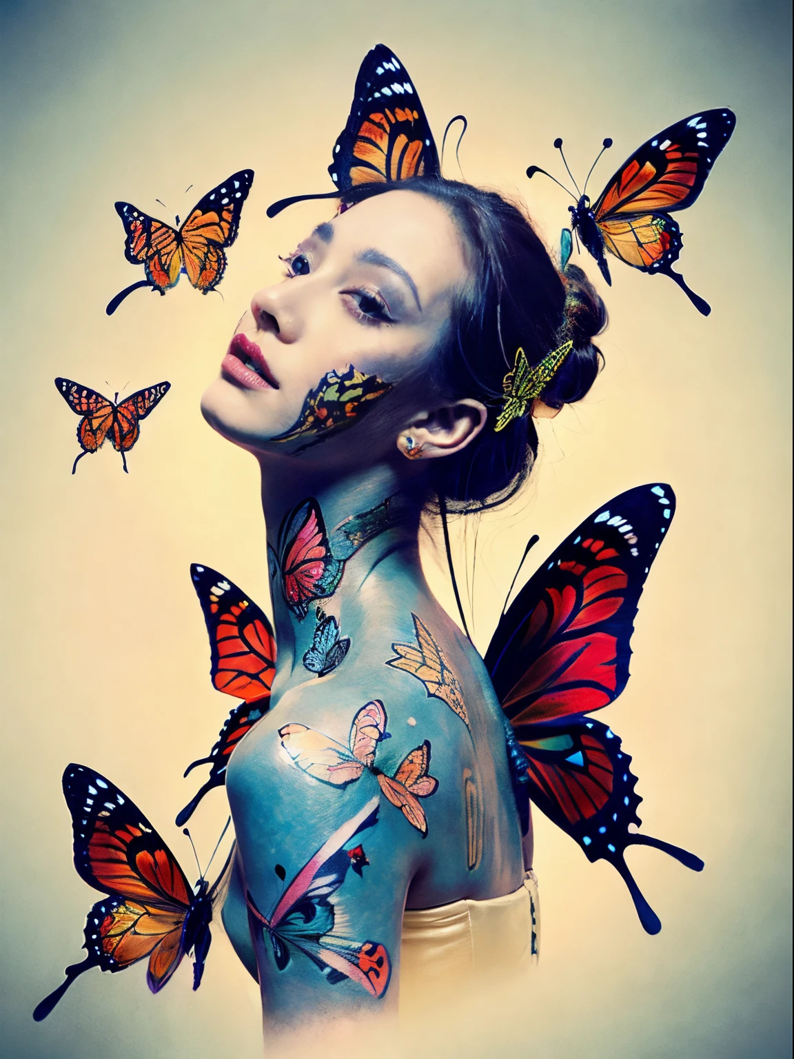 Beautiful fairy with butterfly tattoo on face,(colorful butterfly tattoo:1.3) , tattoos inspired by movies《The Silence of the Lambs》poster for,Surreal,terror,Thriller,3 Rendering,Wonderful and magical