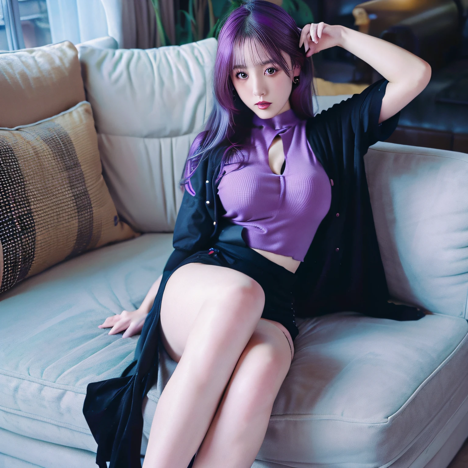 arafed asian woman with purple hair and tattoos sitting on a couch, thicc, bbwchan, asian nymph goddess, sitting on the couch, sitting on couch, half asian, sitting on a couch, seductively looking in front, sitting on the sofa, low perspective, sitting on the bed, very sexy outfit, exposed thighs!!!