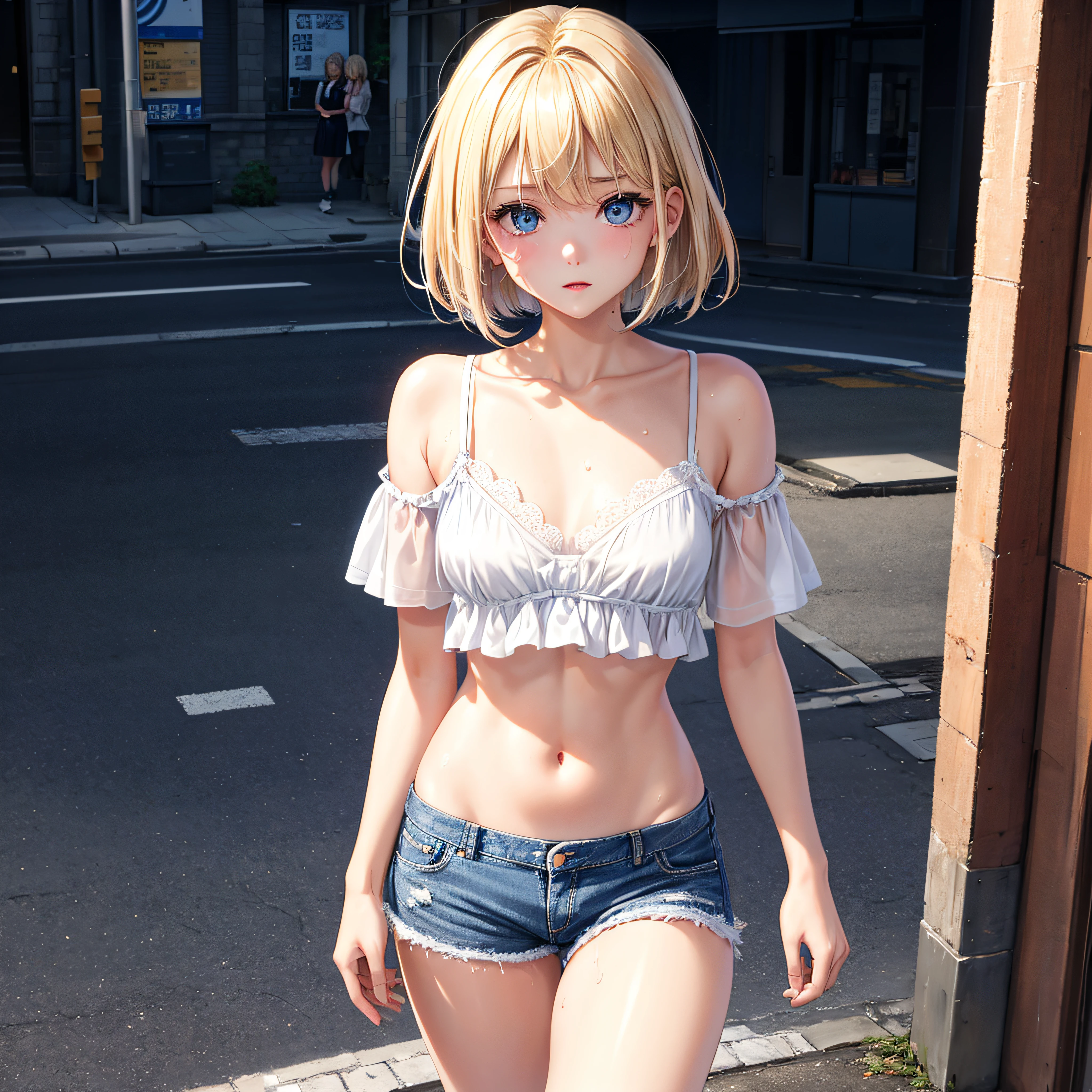 ((topless)), curren chan \(umamusume\), anime girl with long white hair and purple eyes posing in a hallway, restaurant door, night, sidewalk, lamp post, outdoors, seductive anime girl, small curvy , perfect white haired girl, attractive anime girl, beautiful anime girl, cute anime girl, girl with white hair, smooth anime cg art, pretty anime girl, anime style 4 k, anime best girl, anime girl, 4k anime wallpaper, denim shorts, small breasts, masterpiece, necklace, smiling, navel, short hair, horse ear, horse tail, nipples, stomach, smartphone, erect nipples, people in background, flat chests, tongue out, bench, lying on back, looking up, bare shoulders, collarbone, park