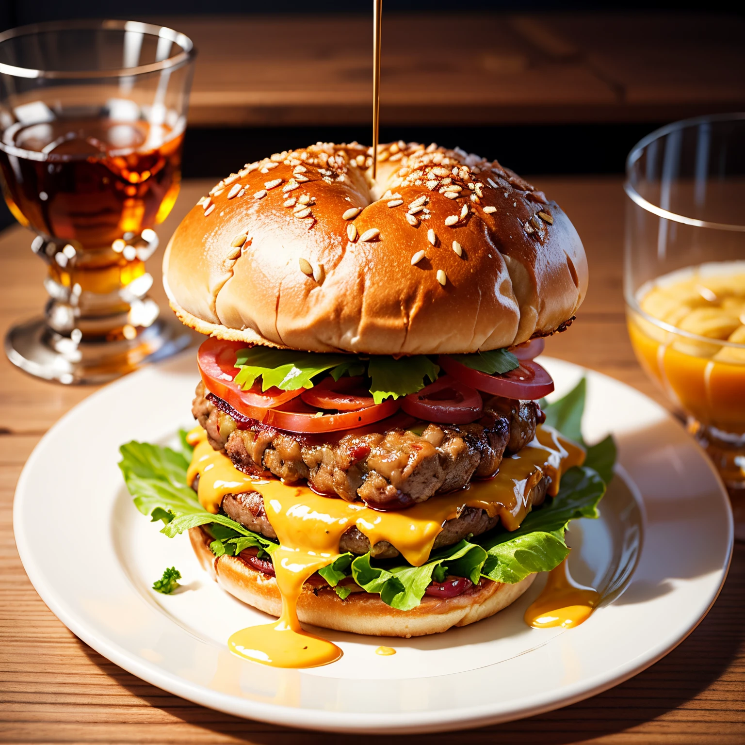 a delicious triple meat hamburger with bacon and yellow cheese, accompanied with a glass of whiskey