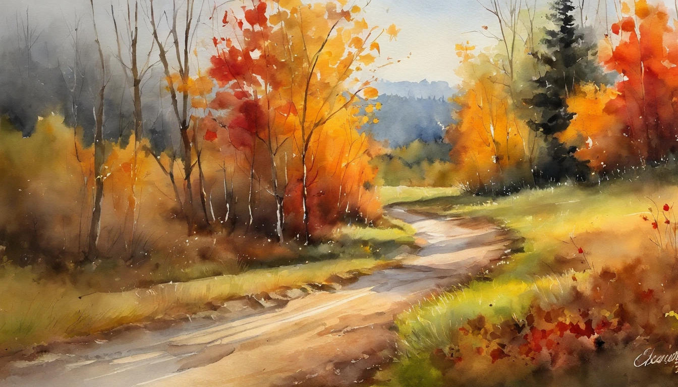 A dirt road，There are maple trees on the left and right sides，There are falling leaves，Scattered on the ground