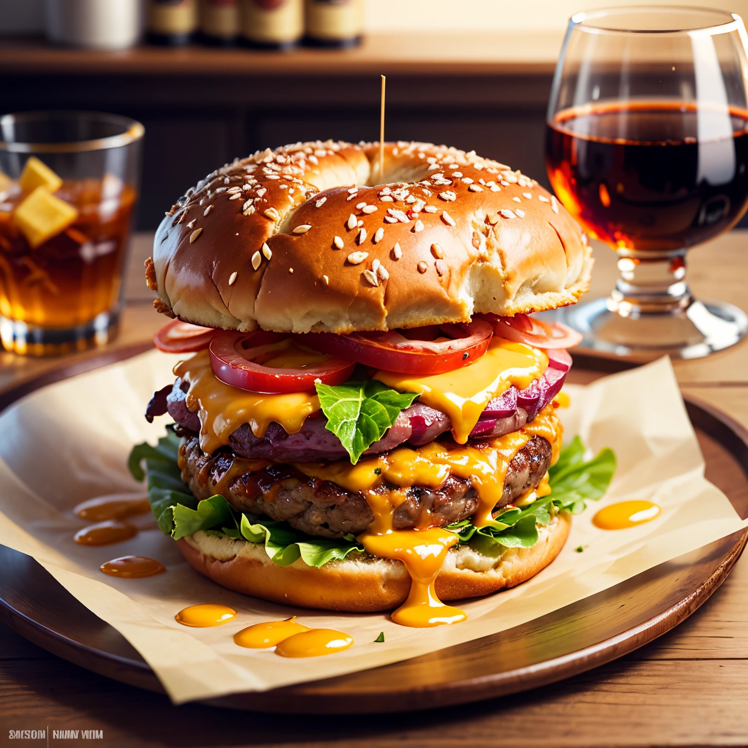 a delicious triple meat hamburger with bacon and yellow cheese, accompanied with a glass of whiskey