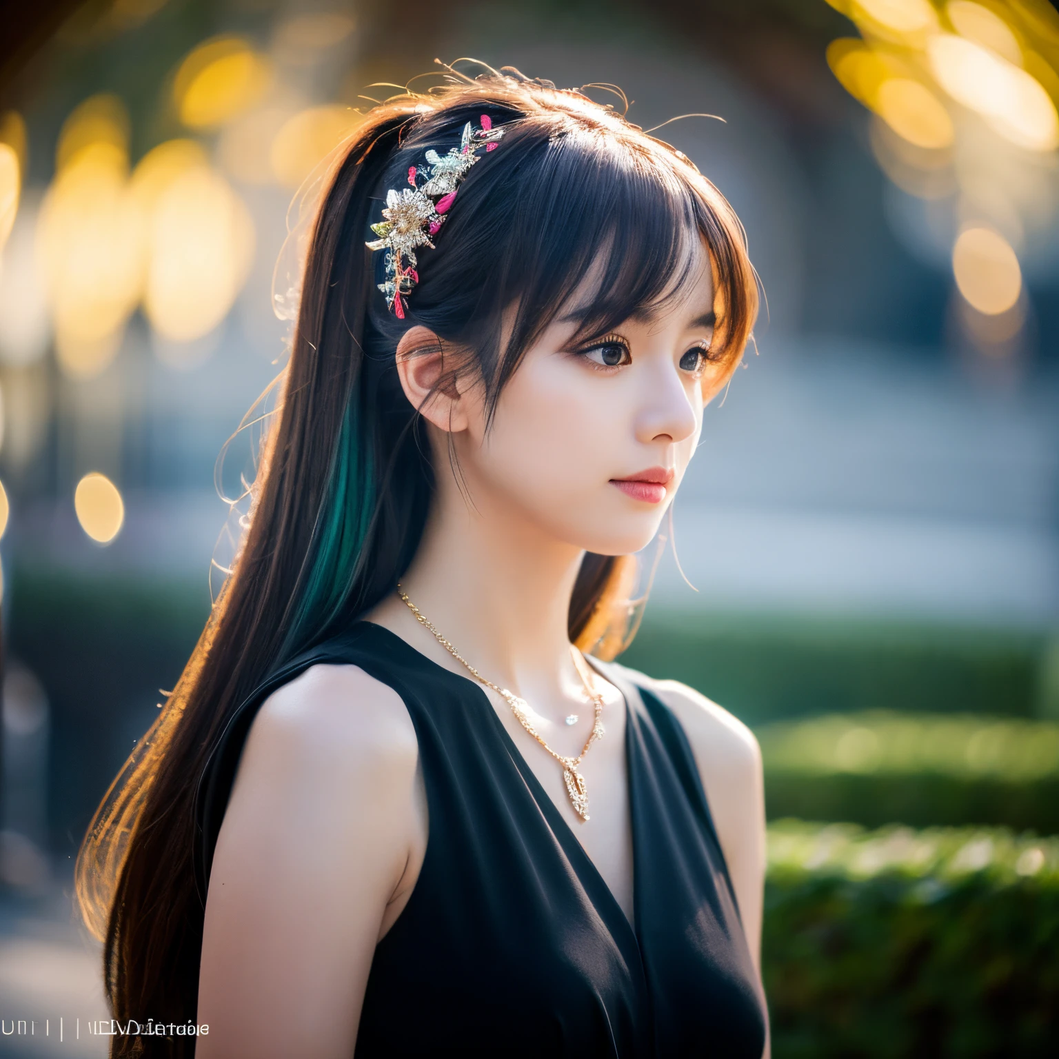 1 girl, Best Quality, masutepiece, High resolution, [Purple|bamboo grass|Green] _hair, Black miniskirt, hairaccessories, Necklace, Jewelry, Beautiful face, Looking forward, full-body view, Realistic, plein air, Modern Square, Two-tone lighting, (High Detail Skin: 1.2), 8K UHD, Digital SLR, Soft light, High quality, Volumetric Lights, Candid, Photo, High resolution, 4K, 8K, Background blur