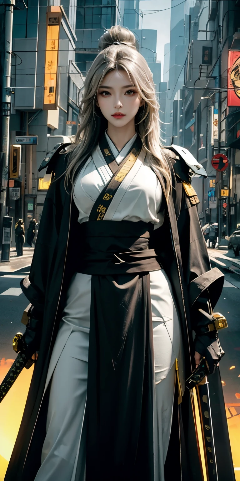 photorealistic, high resolution, soft light,1women, solo, hips up, (detailed face), yellow long hair, cybersamurai, cyborg, cyberpunk, cyber armor, holding weapon,glowing,on the street , kimono , sniper looking at the target, katana,cloak