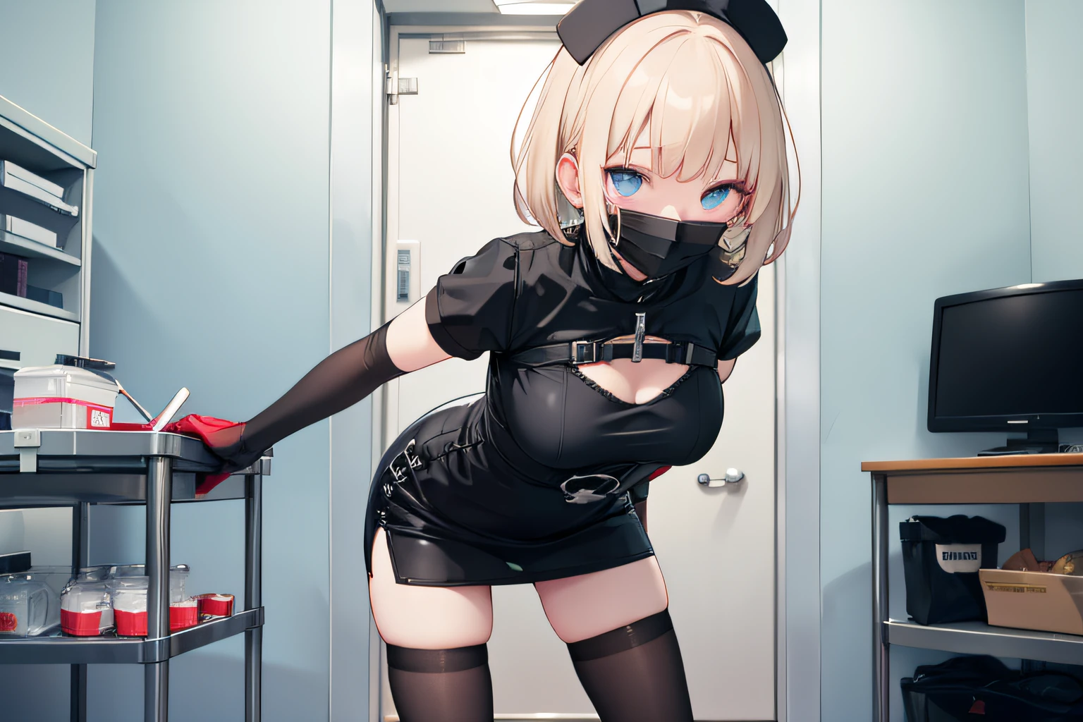 black nurse, 1womanl, Solo, Black Nurse Cap, Black Wear, ((Black legwear, zettai ryouiki)), Black Elbow Gloves, Blonde hair, irate、glares、Blue eyes, ((Black surgical mask, Covered nose)), Standing, ((surgery room)), sharp outline, Short sleeves, maturefemale, 35 years old, Best Quality, masutepiece