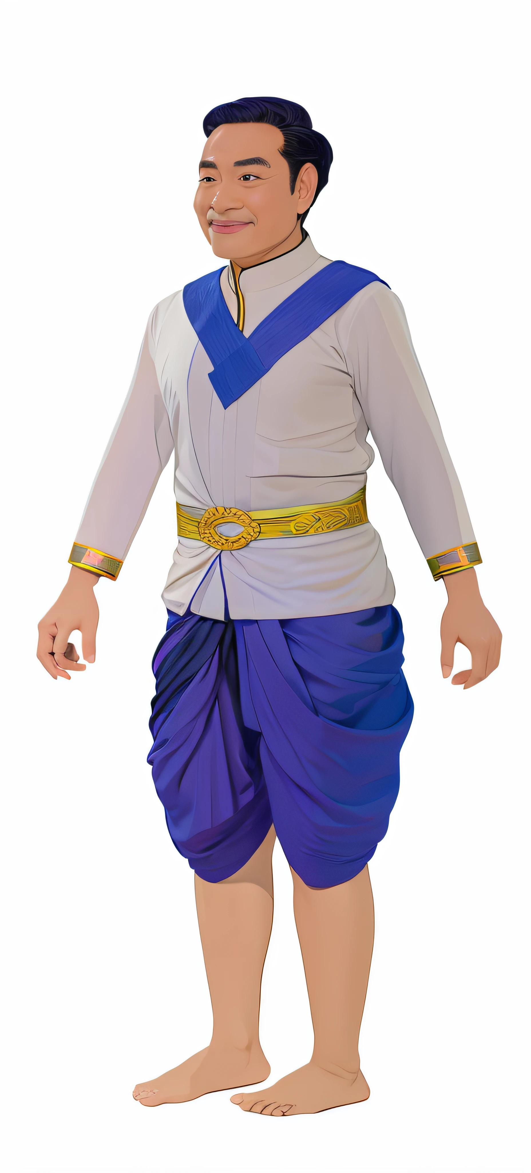 8K Ultra HD, highly detailed, super realistic, painting of a old Millionaire Khmer man with a old Khmer rich white shirt and a blue old Khmer pant, full body with Khmer costume, old Millionaire Khmer man lead character, beautiful image