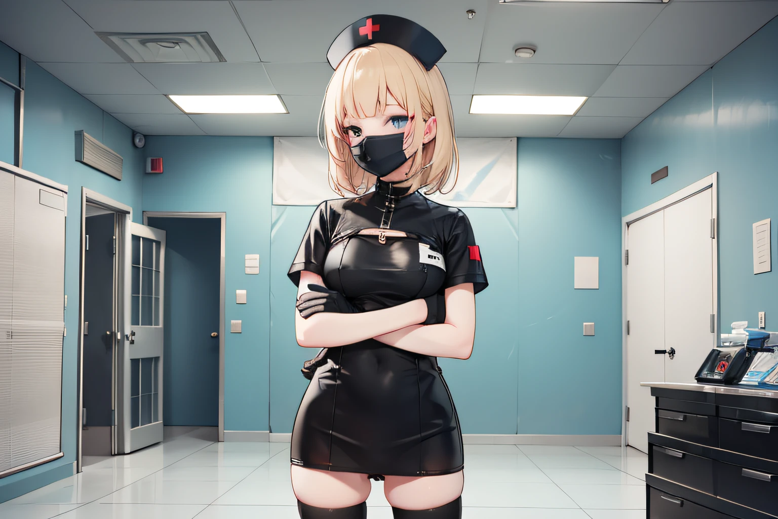 black nurse, 1womanl, Solo, Black Nurse Cap, Black Wear, ((Black legwear, zettai ryouiki)), Black Elbow Gloves, Blonde hair, irate、glares、Blue eyes, ((Black surgical mask, Covered nose)), Standing, ((surgery room)), sharp outline, Short sleeves, maturefemale, 35 years old, Best Quality, masutepiece