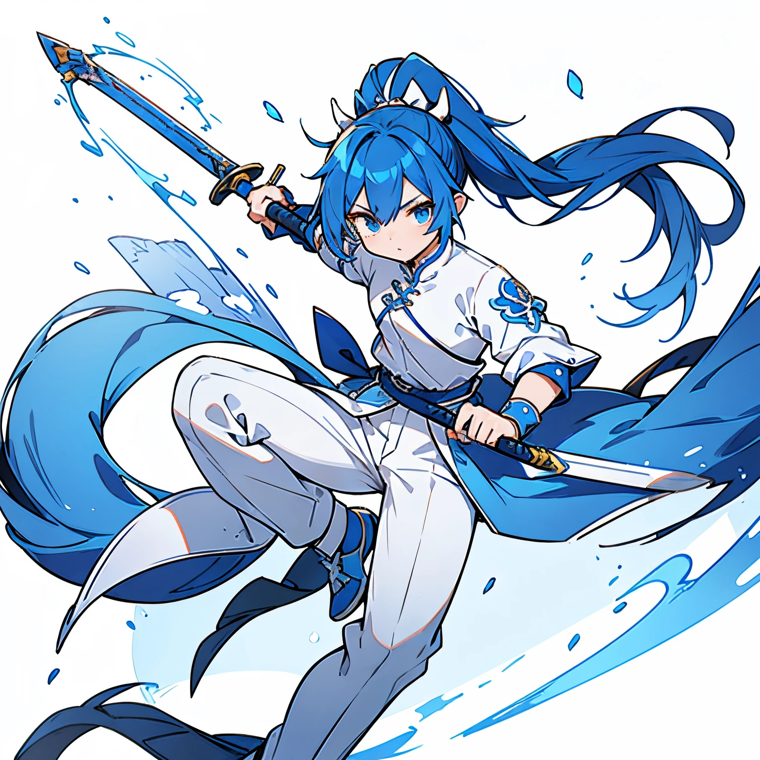 Male ager、Blue-haired、long pony tail、White china clothes、White pants、Dark blue blue dragon sword、jumpping、Bright and bullish look