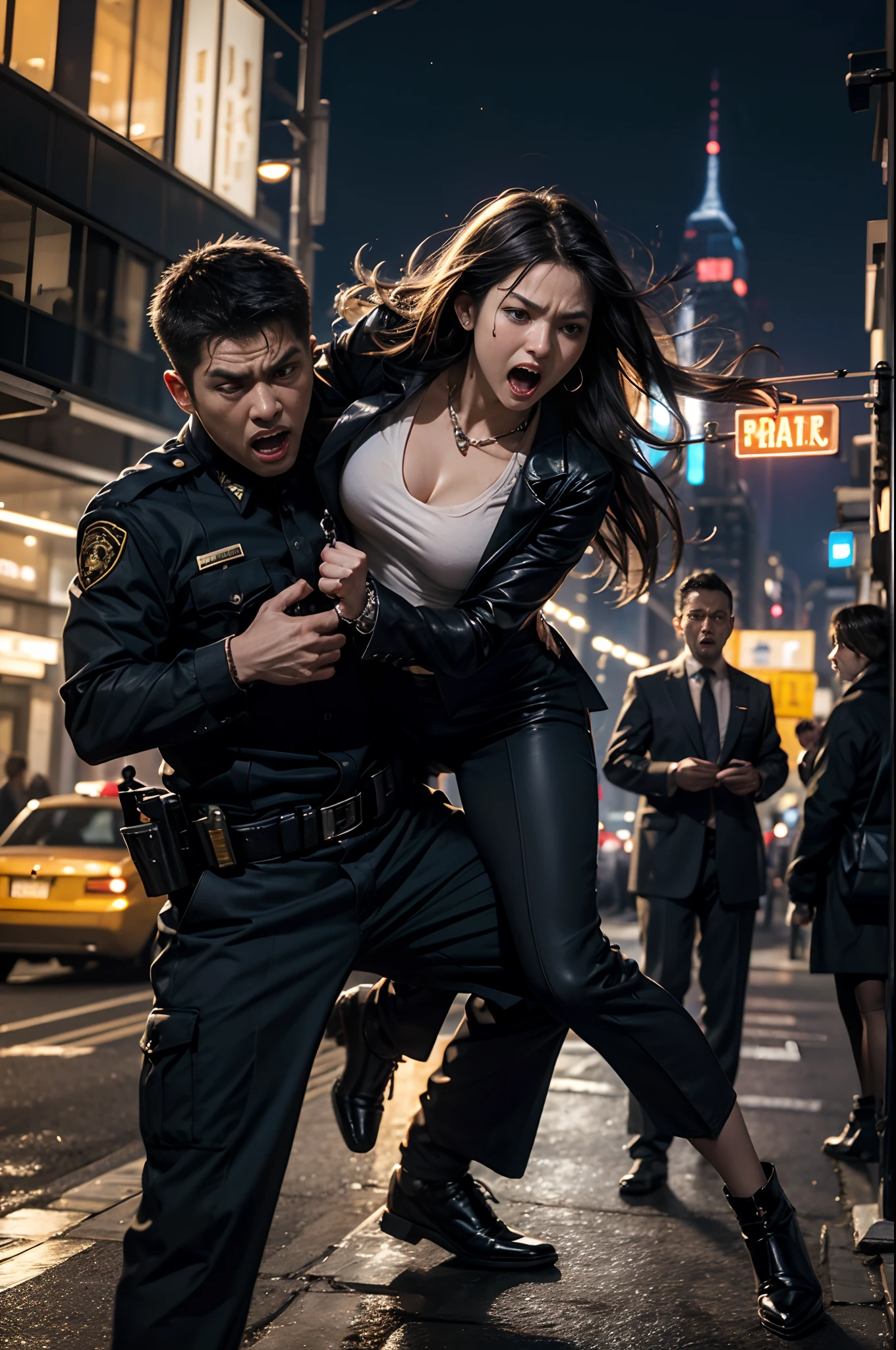 Big city at night、Female Detective、chasing the criminal、((Desperate face))、(Open your mouth wide and scream)、kicking down a strong-looking man、Sweat flows、suits、tie handcuffs、Batons