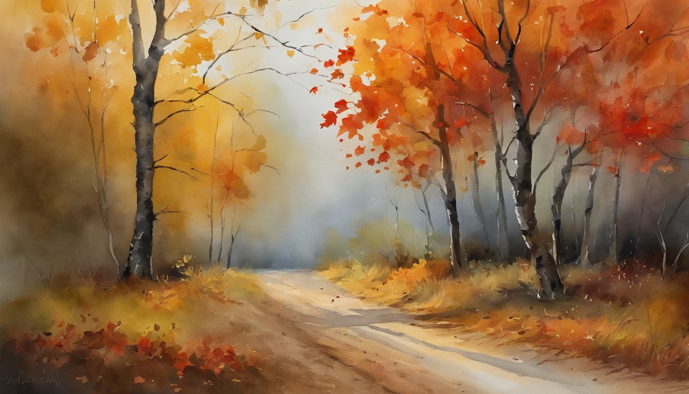 A dirt road,There are maple trees on both sides,There are fallen leaves,Scattered on the ground