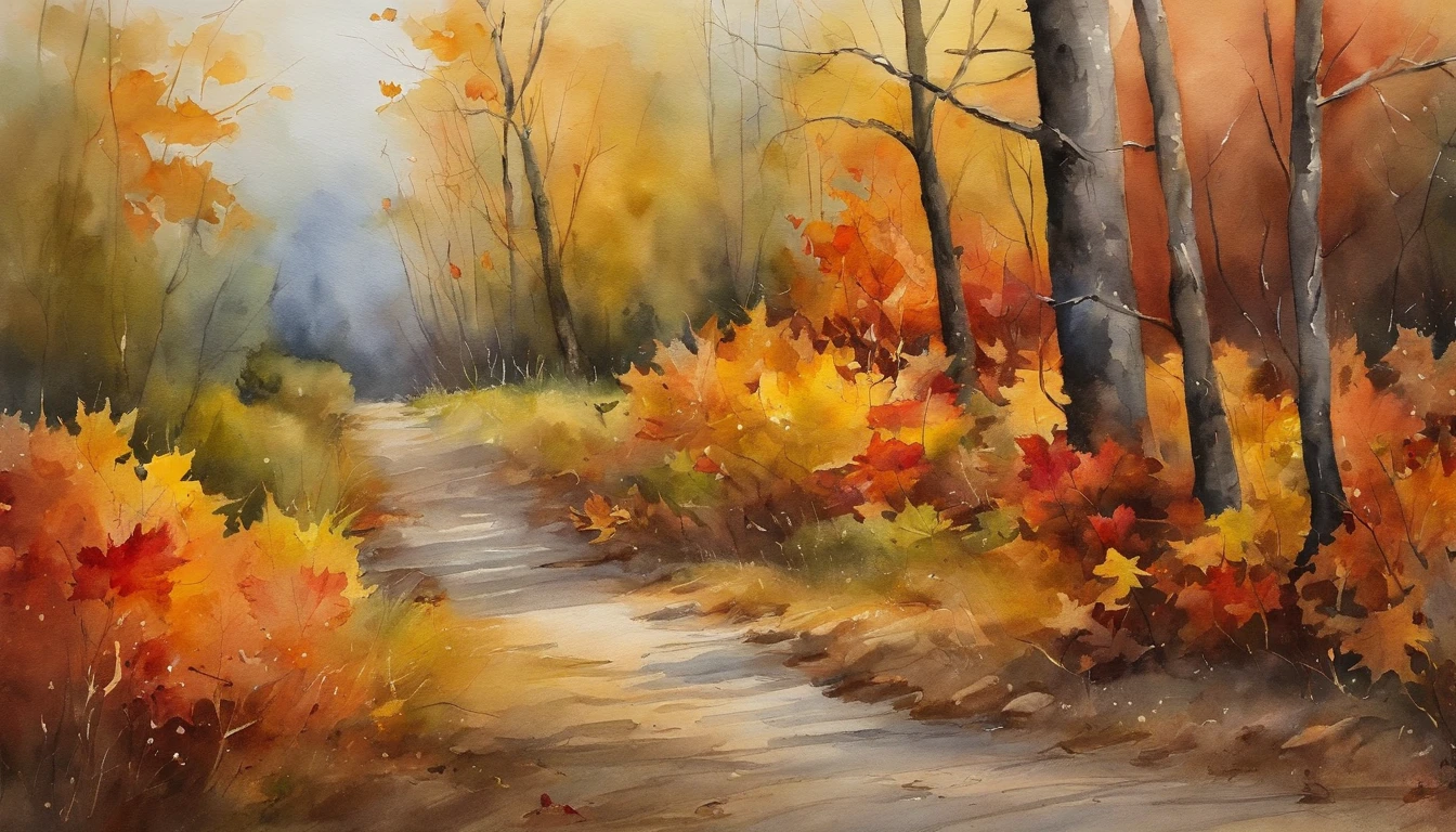 A dirt road,There are maple trees on both sides,There are fallen leaves,Scattered on the ground