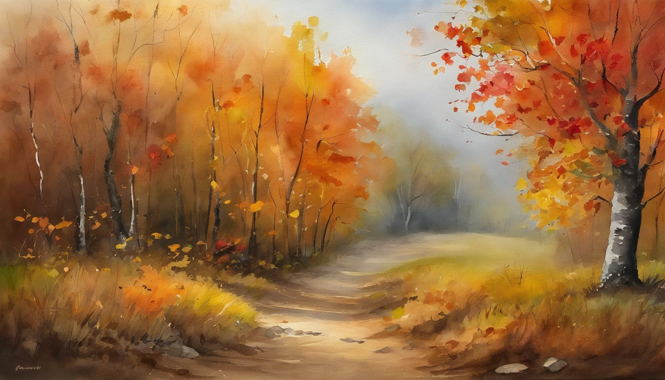 A dirt road,There are maple trees on both sides,There are fallen leaves,Scattered on the ground