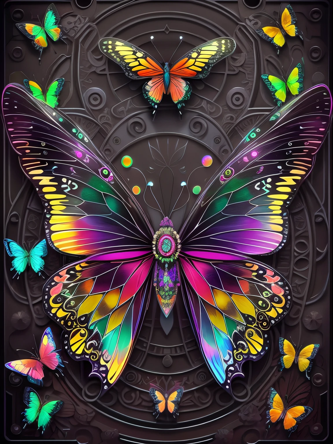 pixel sorted,Futuristic fantasy butterfly,Sci-fi butterflies,Futuristic butterflies,Mechanical butterfly,Fly petals,Metal polished mechanical butterfly painting on black background,Rainbow with neon wings,Form different structures, stunning render, Magical rainbow elements,Brilliant circular rainbow composition,symetrical composition,Alone, Beautiful symmetry, Symmetrical wings, magnificent art, Symmetrical wings, Detailed digital art