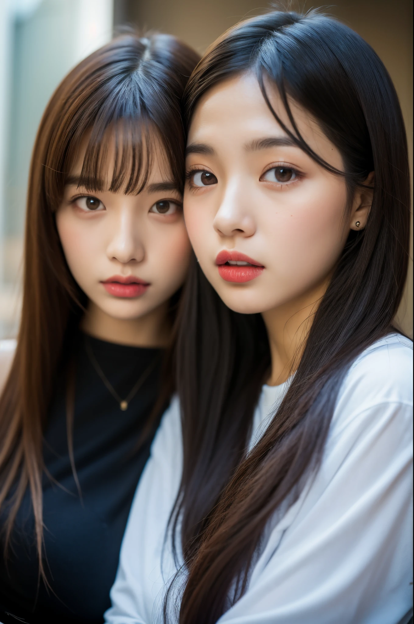 best quality ,ultra high res,(photo realistic:1.4),2 girls,black hair ,(ulzzang-6500:1.0) ,duo