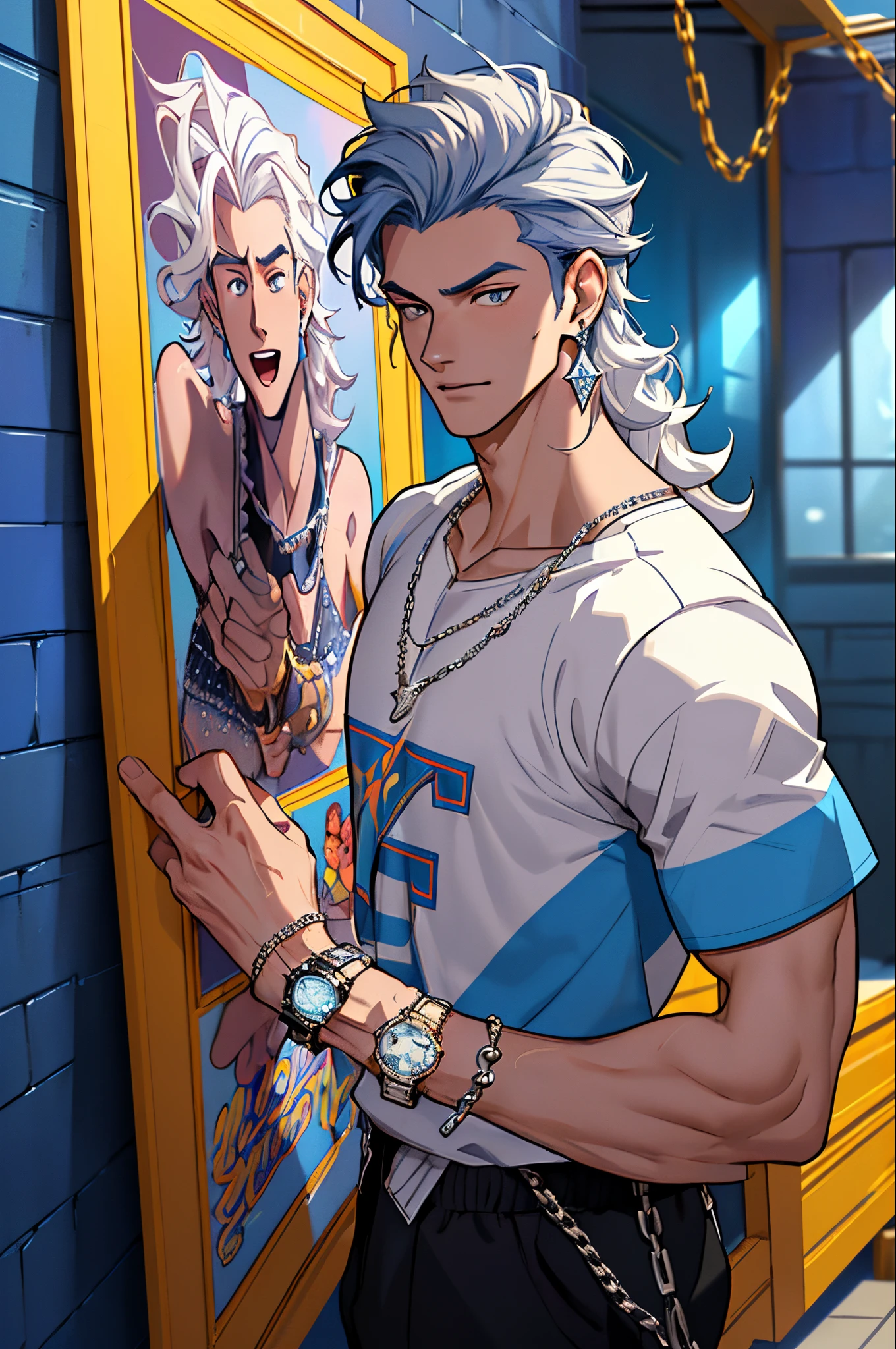 Poster for the film inspired by Disney Pixar (a young man with wavy hair, the color of white skin, with diamond earrings and chains studded with diamonds, with a diamond-studded watch and a basketball shirt). the scene must follow an artistic style similar to pixar, focusing on the characters' expressions, vibrant colors, detailed textures and characteristics of their animations