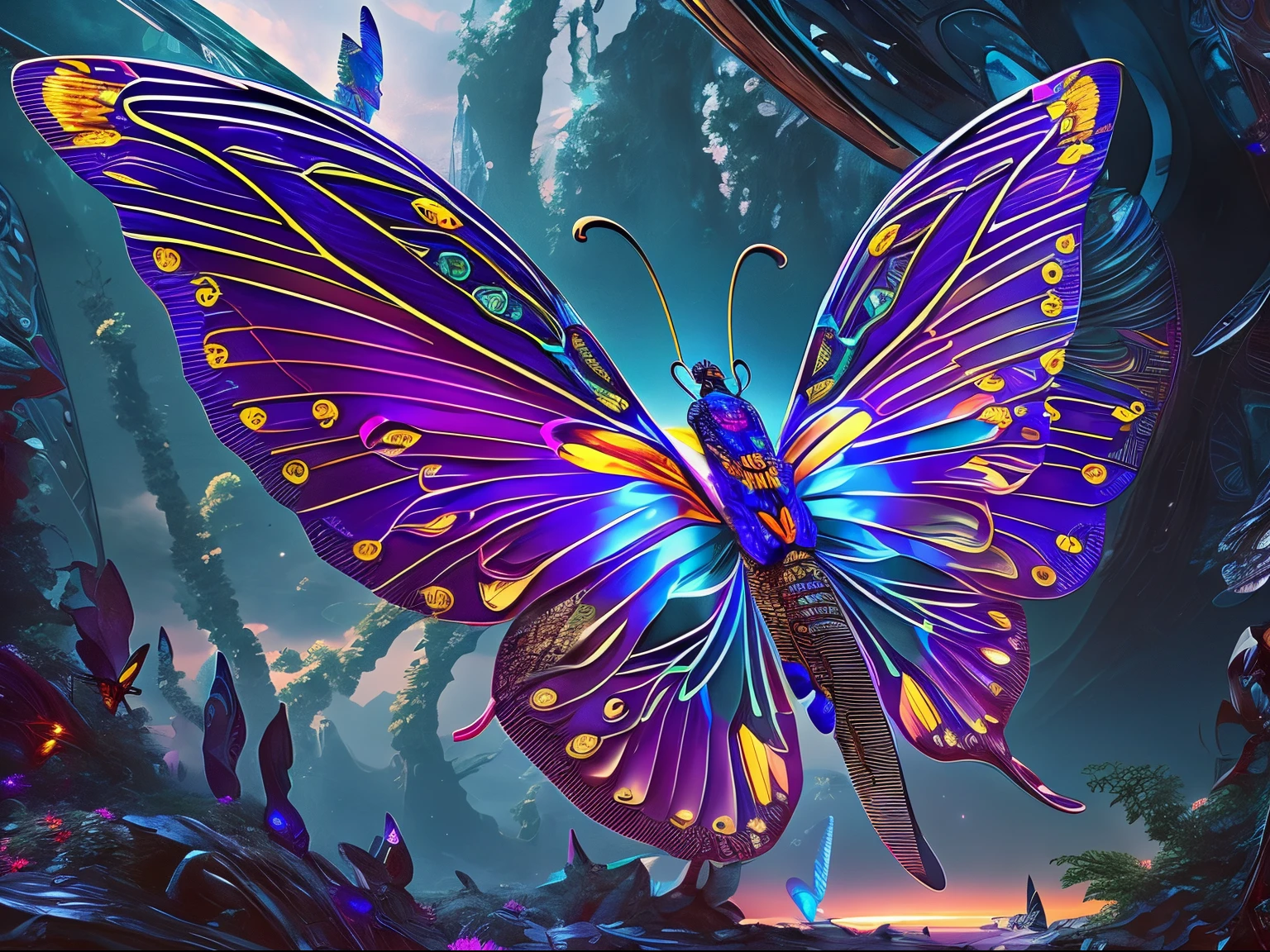 (Best quality at best))，ultra-realistic realism, super detailing, acurate, Best quality at best, hyper HD, tmasterpiece, Anatomically correct, A high resolution, 16k，A beautiful butterfly，Futuristic fantasy butterfly，Sci-fi butterflies，Futuristic butterflies，Mechanical butterfly，Futuristic jungle background，Verbose mode，Intricate patterns，Colorful wings，glowing wings，Neon wings，Huge butterfly wings，Extraterrestrial mechanical structures，Fantasy technology art style, Future Fantasy Art Behance, Epic mechanical fantasy digital art style, inspired by rossdraws, Rosla 1. 0, Rossdraws digital painting, rossdraws cartoon vibrant, author：Hero, Digital fantasy art ), Digital 2D Fantasy Art, Ross Painting 2. 0