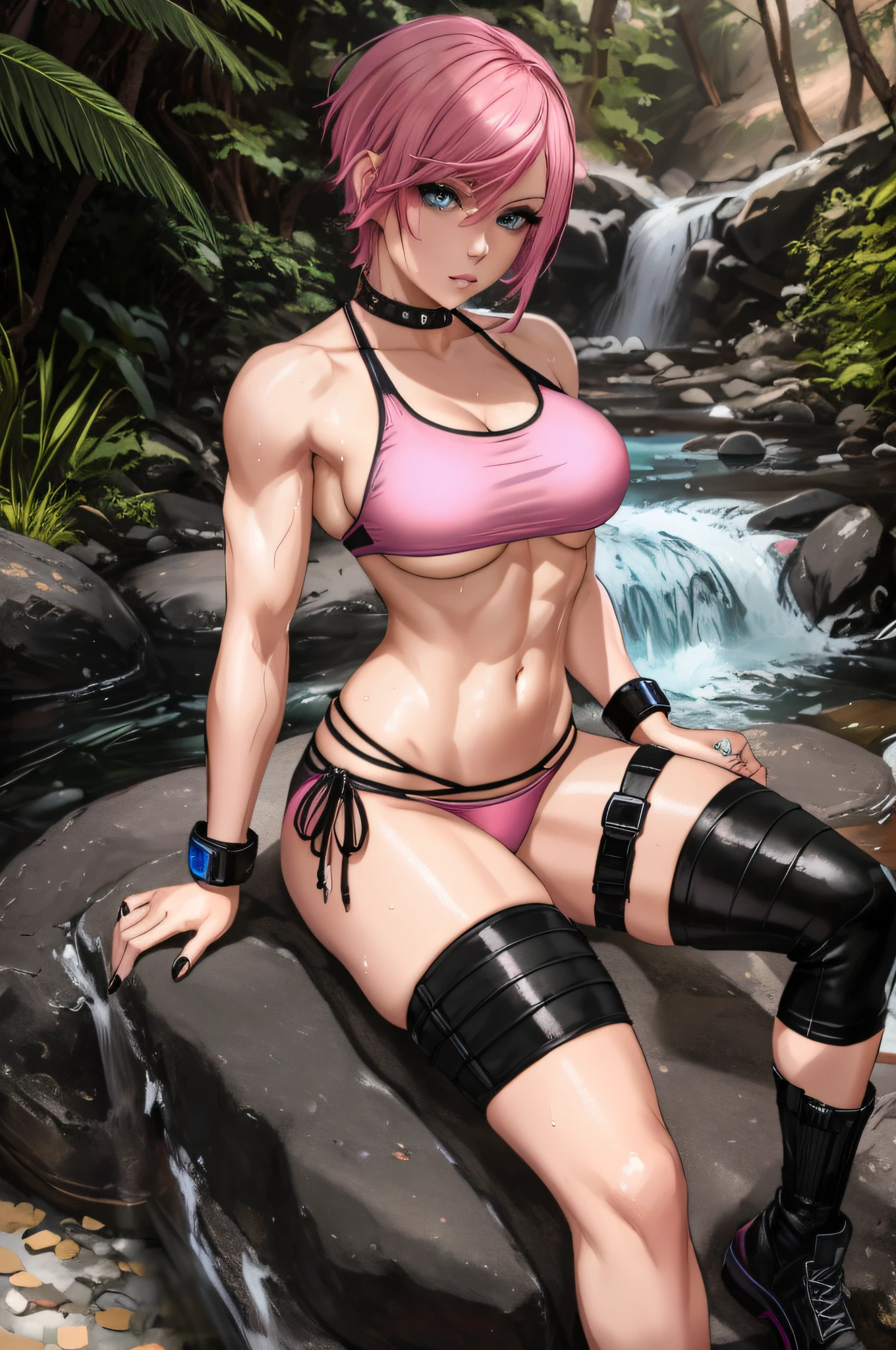 pink short hair, beautiful young woman with bright light blue eyes wearing a sexy punk black bikini with British features with slightly defined muscles, water over her body, wet body, British features, short pink hair with dark roots, light blue eyes, with a police badge on her waist, in a sexy black punk bikini, slightly defined muscles, slightly muscular arms, wearing a leg band in a sensual way, rocky black nails, with a police badge on her waist, next to a stream in the forest, sitting in a sensual pose, sitting in a sensual pose, in a sexy pose, captivating look