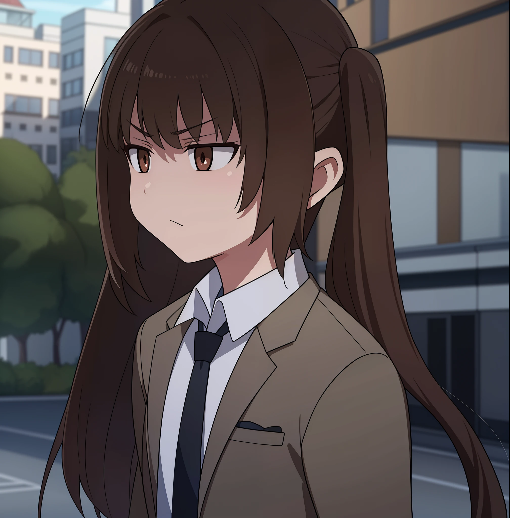 hiquality, tmasterpiece (one girls) brown hair with ponytails. indifferent face. pale skin. gray blazer. white shirt with tie. Brown eyes. against the backdrop of the street of a Russian city