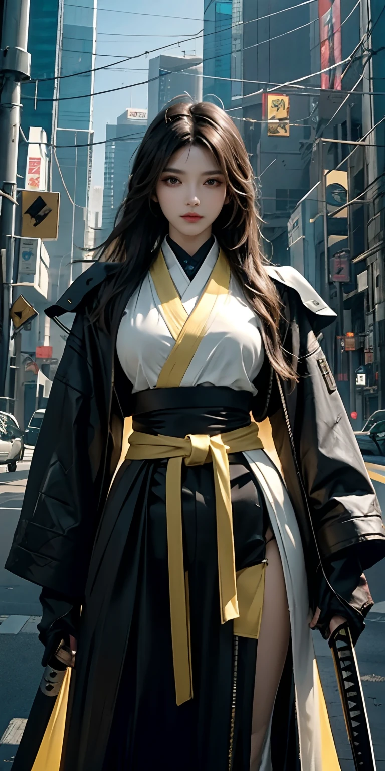 photorealistic, high resolution, soft light,1women, solo, hips up, (detailed face), yellow long hair, cybersamurai, cyborg, cyberpunk, cyber armor, holding weapon,glowing,on the street , kimono , sniper looking at the target, katana,cloak