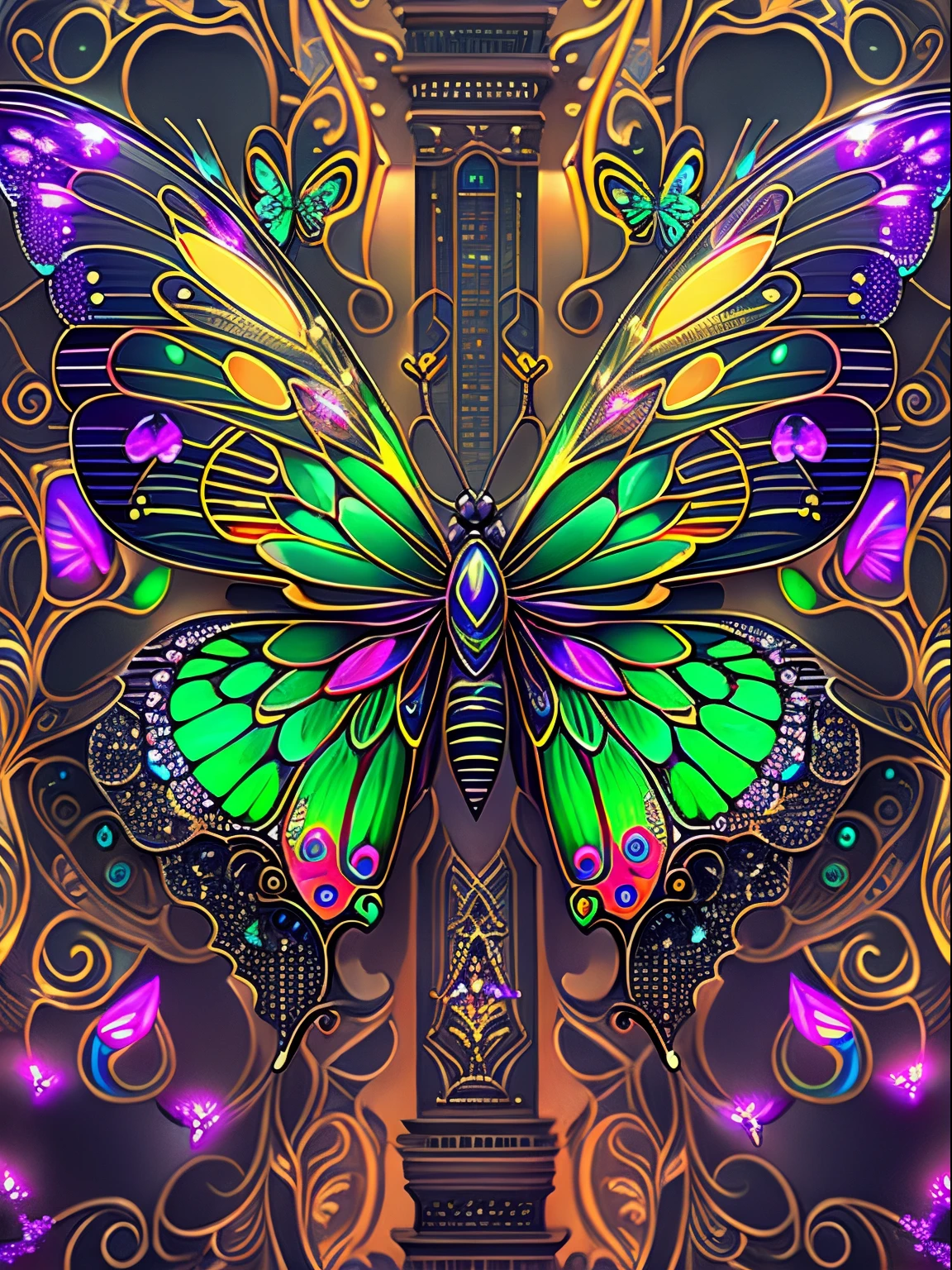 (Best quality at best))，ultra-realistic realism, super detailing, Acura, Best quality at best, hyper HD, tmasterpiece, Anatomically correct, A high resolution, 16k，A beautiful butterfly，Futuristic fantasy butterfly，Sci-fi butterflies，Futuristic butterflies，Mechanical butterfly，Futuristic jungle background，Verbose mode，Intricate patterns，Colorful wings，glowing wings，Neon wings，Huge butterfly wings，Extraterrestrial mechanical structures，Fantasy technology art style, Future fantasy art performance, Epic mechanical fantasy digital art style,