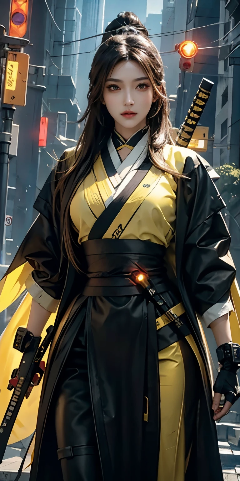 photorealistic, high resolution, soft light,1women, solo, hips up, (detailed face), yellow long hair, cybersamurai, cyborg, cyberpunk,  cyber armor, holding weapon,glowing,on the street , kimono , sniper looking at the target, katana,cloak