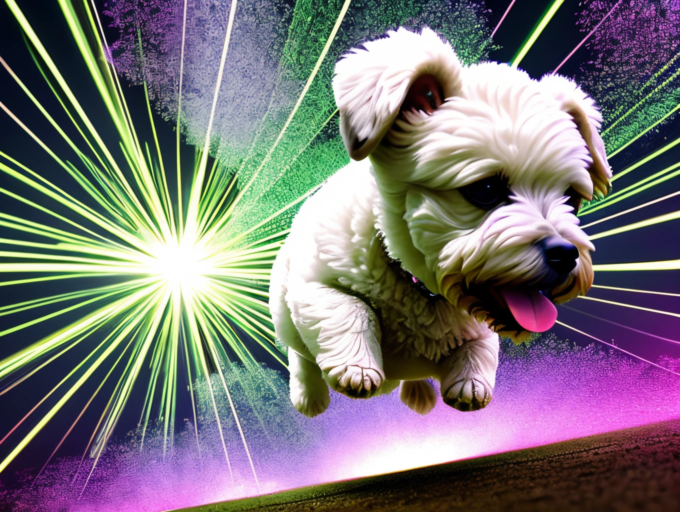 Extreme low angle shot of tiny white toy poodle jumping high in the sky, surrounded by exploding colour bombs of green and white, light in the scene giving a green and white colour, cinematic lighting, artgerm style, 32k, ultra HD, unreal engine rendered, photorealistic image, —ar 9:16 --auto --s2