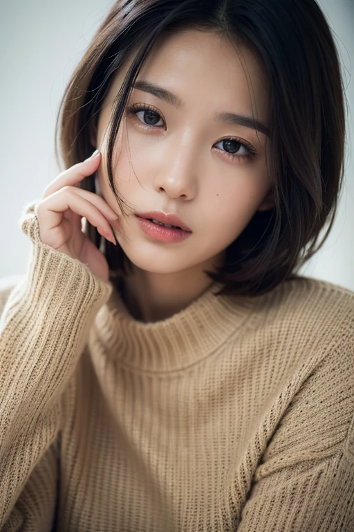 (masterpiece:1.3), (8k, photorealistic, RAW photo, best quality: 1.4), (1girl), beautiful face, (realistic face), (black hair, short hair:1.3), beautiful hairstyle, realistic eyes, beautiful detailed eyes, (realistic skin), beautiful skin, (sweater), absurdres, attractive, ultra high res, ultra realistic, highly detailed, golden ratio