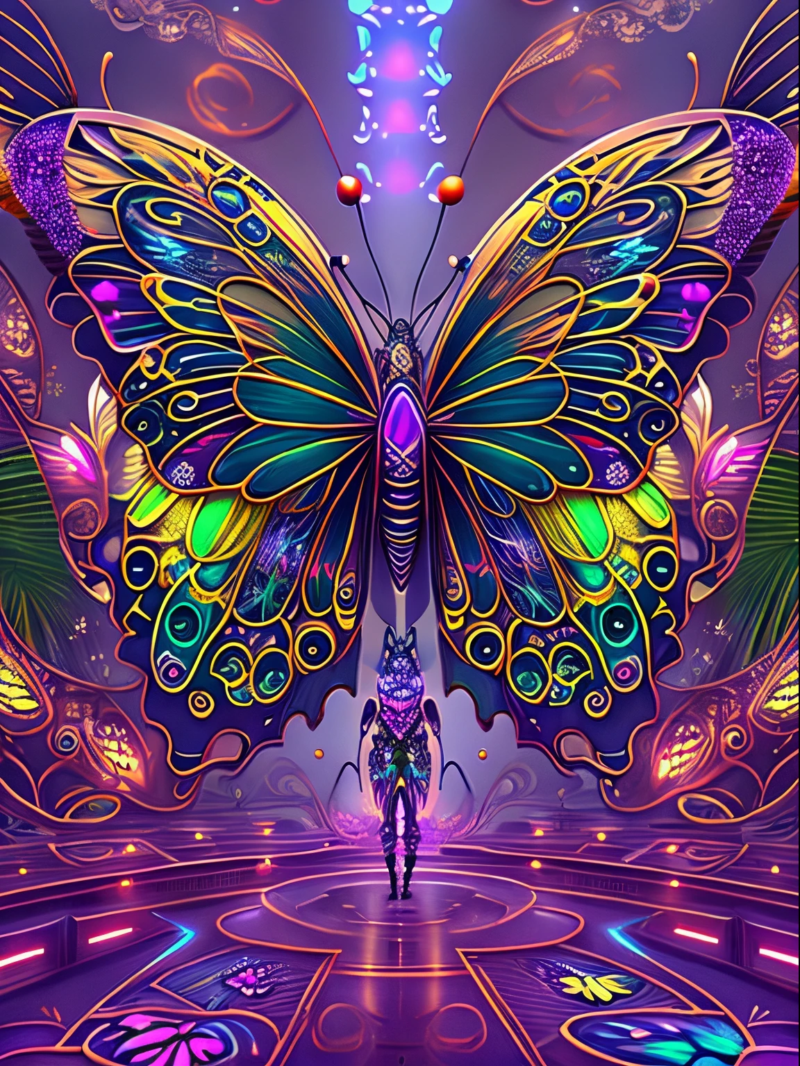 (Best quality at best)),ultra-realistic realism, super detailing, Acura, Best quality at best, hyper HD, tmasterpiece, Anatomically correct, A high resolution, 16k,A beautiful butterfly,Futuristic fantasy butterfly,Sci-fi butterflies,Futuristic butterflies,Mechanical butterfly,Futuristic jungle background,Verbose mode,Intricate patterns,Colorful wings,glowing wings,Neon wings,Huge butterfly wings,Extraterrestrial mechanical structures,Fantasy technology art style, Future fantasy art performance, Epic mechanical fantasy digital art style,