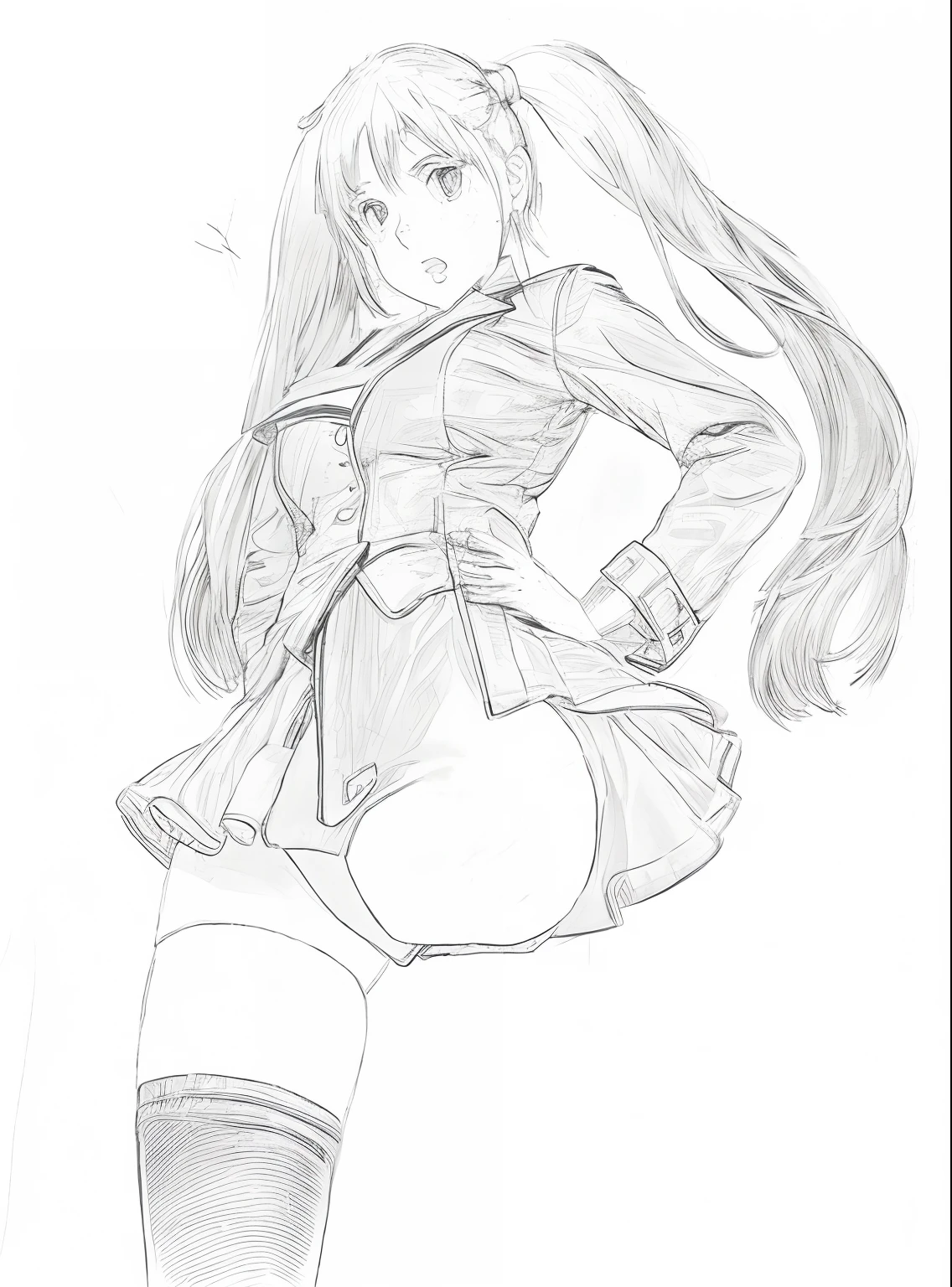 Drawing of a girl wearing a short skirt and jacket, Thick black line drawing, small curvaceous loli, Clean anime silhouette, Perfect lines, Bold draft, Line!!, Kitagawa Marin fan art, outline sketch, High-quality sketches, High quality sketch art, Anime style painting, thick outline, comic drawings, Inspired by Shirou Masamune