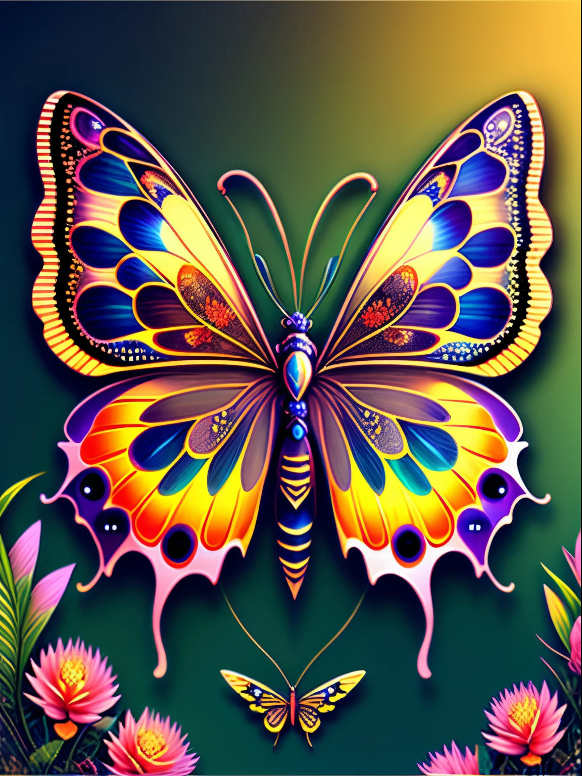(Best quality at best))，ultra-realistic realism, super detailing, acurate, Best quality at best, hyper HD, tmasterpiece, Anatomically correct, A high resolution, 16k，A beautiful butterfly，Futuristic fantasy butterfly，Sci-fi butterflies，Futuristic butterflies，Mechanical butterfly，Futuristic jungle background，Verbose mode，Intricate patterns，Colorful wings，glowing wings，Neon wings，Huge butterfly wings，Extraterrestrial mechanical structures，Fantasy technology art style, Future Fantasy Art Behance, Epic mechanical fantasy digital art style, inspired by rossdraws, Rosla 1. 0, Rossdraws digital painting, rossdraws cartoon vibrant, author：Hero, Digital fantasy art ), Digital 2D Fantasy Art, Ross Painting 2. 0