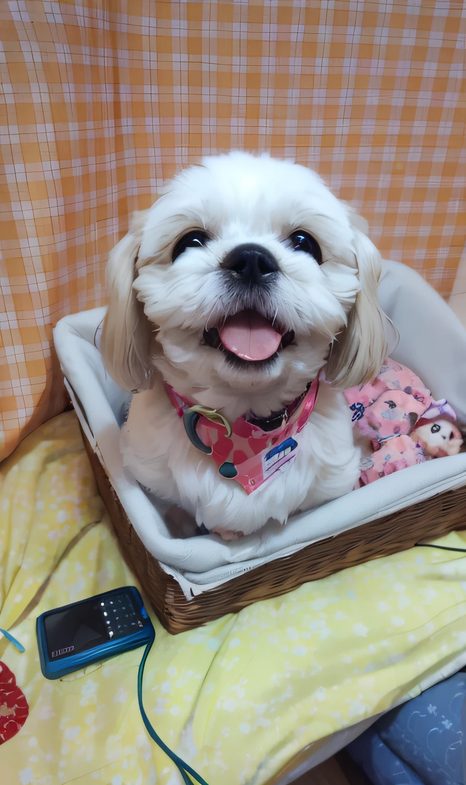A small white dog is sitting in a basket on the bed, Shih Tzu, Lovely smile, Cute dog, Cute smile, coy smile, kawaii cute dog, Happy!!!, Sweet smile, japanese dog, she has a cute face, very very happy, he is very happy, gently smiling, With a happy expression, happily smiling at the camera
