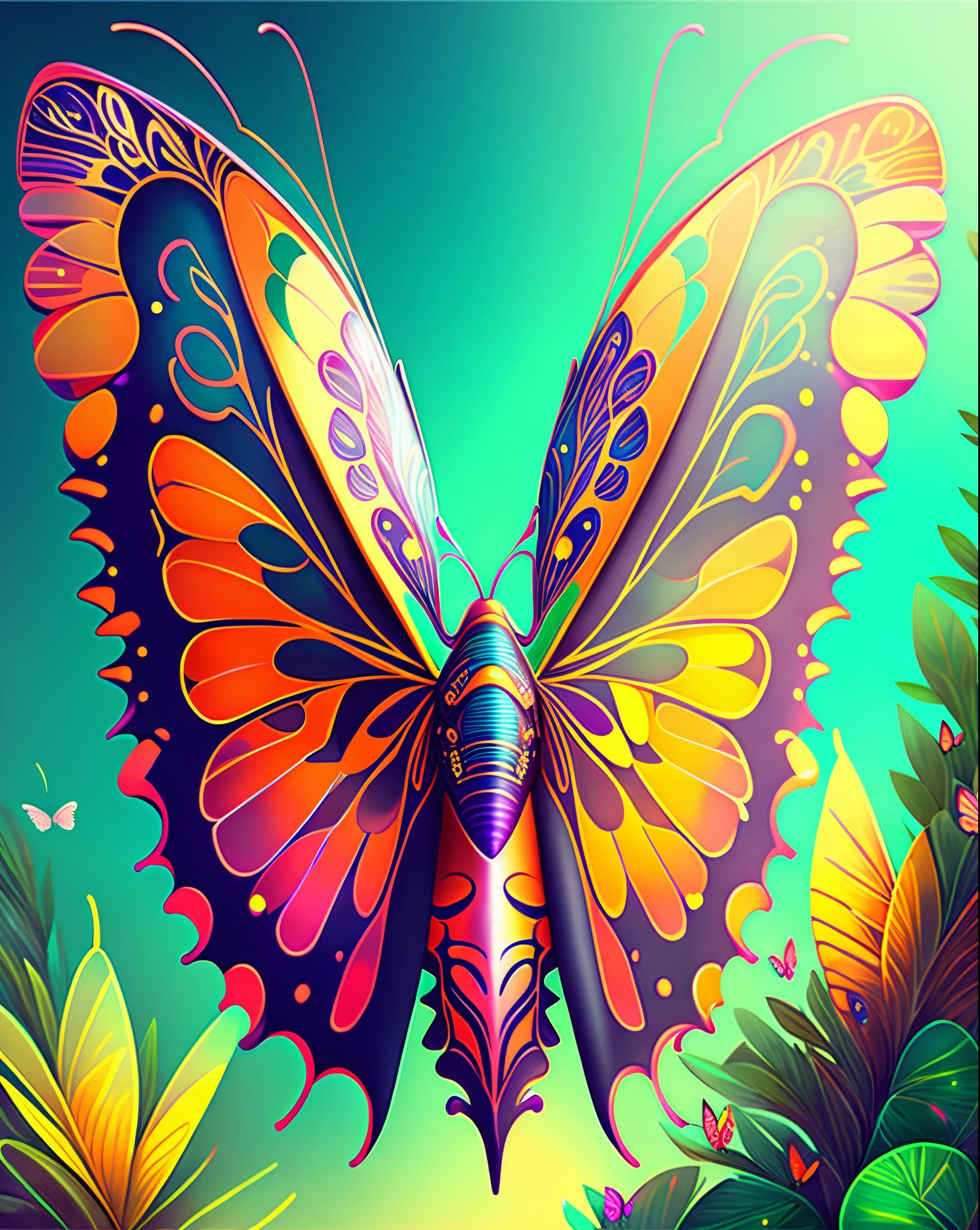 (Best quality at best))，ultra-realistic realism, super detailing, acurate, Best quality at best, hyper HD, tmasterpiece, Anatomically correct, A high resolution, 16k，A beautiful butterfly，Futuristic fantasy butterfly，Sci-fi butterflies，Futuristic butterflies，Mechanical butterfly，Futuristic jungle background，Verbose mode，Intricate patterns，Colorful wings，glowing wings，Neon wings，Huge butterfly wings，Extraterrestrial mechanical structures，Fantasy technology art style, Future Fantasy Art Behance, Epic mechanical fantasy digital art style, inspired by rossdraws, Rosla 1. 0, Rossdraws digital painting, rossdraws cartoon vibrant, author：Hero, Digital fantasy art ), Digital 2D Fantasy Art, Ross Painting 2. 0