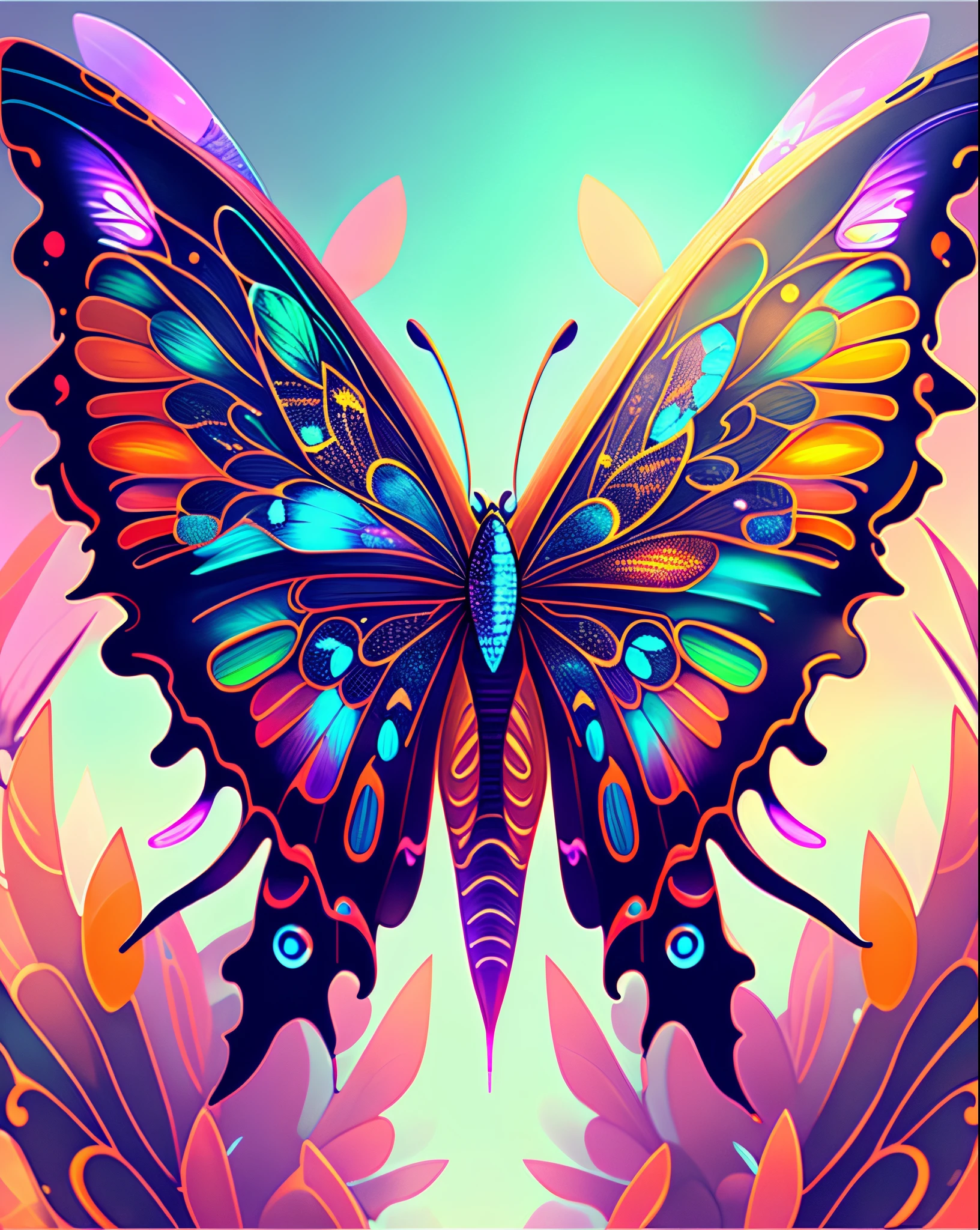 (Best quality at best)),ultra-realistic realism, super detailing, acurate, Best quality at best, hyper HD, tmasterpiece, Anatomically correct, A high resolution, 16k,A beautiful butterfly,Futuristic fantasy butterfly,Sci-fi butterflies,Futuristic butterflies,Mechanical butterfly,Futuristic jungle background,Verbose mode,Intricate patterns,Colorful wings,glowing wings,Neon wings,Huge butterfly wings,Extraterrestrial mechanical structures,Fantasy technology art style, Future Fantasy Art Behance, Epic mechanical fantasy digital art style, inspired by rossdraws, Rosla 1. 0, Rossdraws digital painting, rossdraws cartoon vibrant, author:Hero, Digital fantasy art ), Digital 2D Fantasy Art, Ross Painting 2. 0