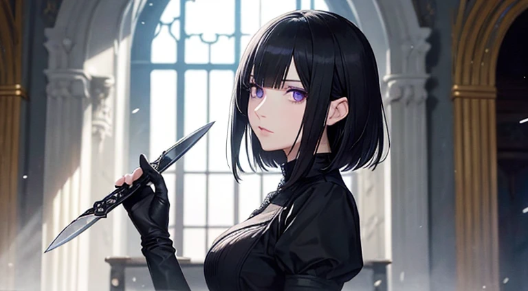 a 25yo woman、Black shorthair、her eyes are purple and beautiful、Black butler uniform、white glove、have an assassin knife、Inside a castle in medieval Europe、Cinematic lighting、