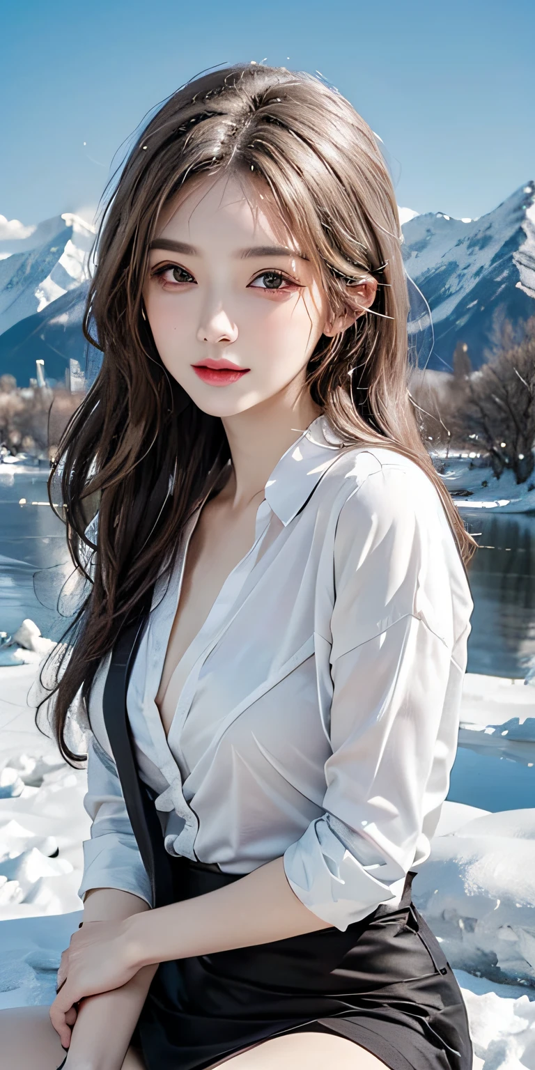 realisticlying，A high resolution，softlighting，1 female，独奏，hip-up，shiny skins，（Detailed face），Tattooed with，jewely，Secretarial uniform，white  shirt，Black dress，blackstockings，a garter belt，the night，blond hairbl，curlies，Invite the eyes of the audience，lover&#39;s perspective，Inviting emoticon，rnsexy smile，Perfect style，Perfect balance，Delicate skin，mischievous gaze，chest visible，snow mountains，Ice Lake，chies，small town，Large expanses of snow