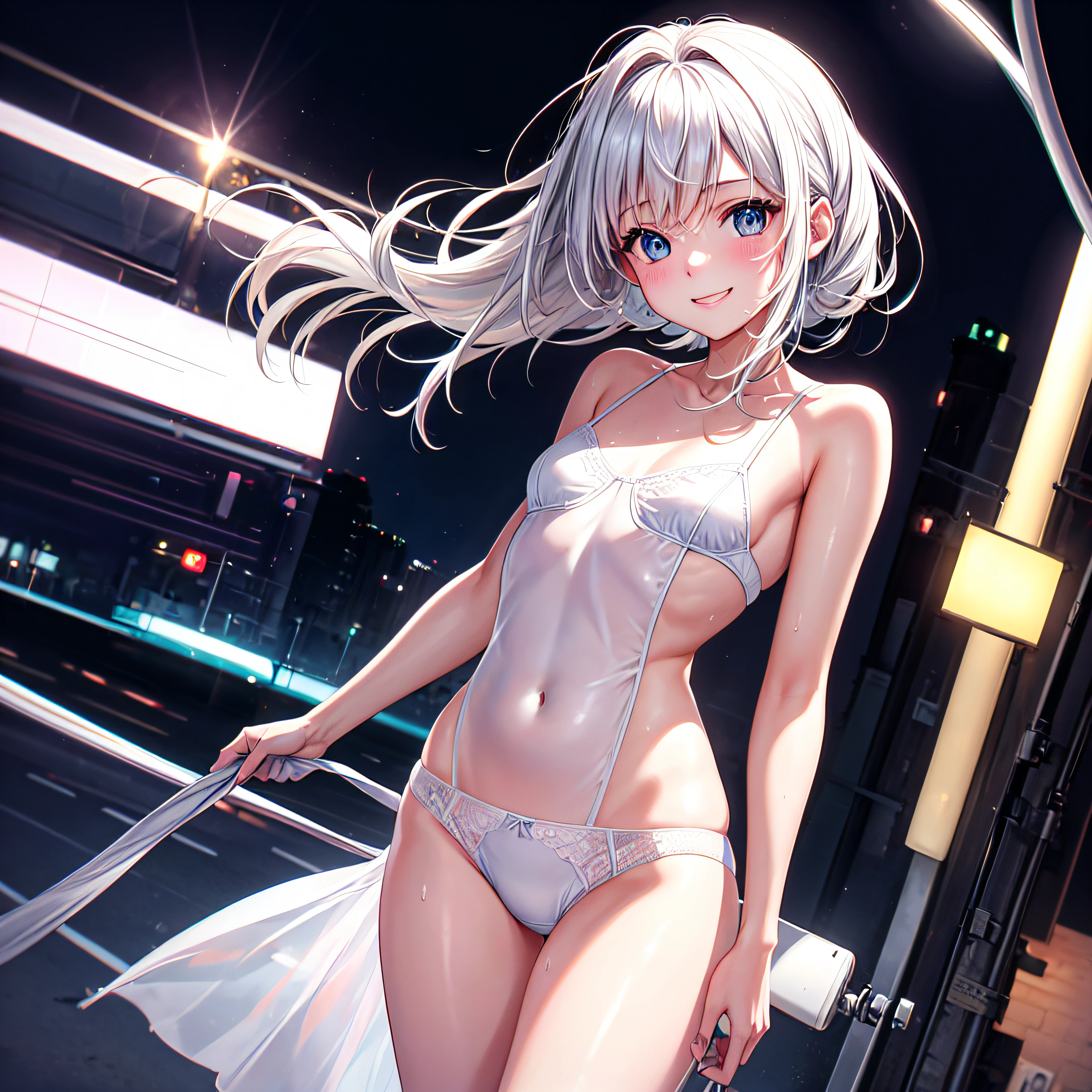 hight resolution, top-quality, ultra-quality, The ultra-detailliert, lighting like a movie、small panties woman、In the street、Small white camisole、Sheer 、Exposed chest、Wearing sweat、A smile, medium breasts,
