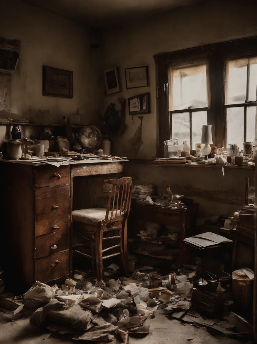 (Best quality at best,4K,A high resolution,tmasterpiece:1.2),ultra - detailed,((Dim light:1.3)),(フォトリアリスティック:1.37),(((Messy photography studio:1.5))),No one inside, The socks under the bed don't match, Shabby wooden chair,(A broken photography light on the ground:1.3),(The desk and floor are piled with various worn-out cameras and lenses:1.5),Old photos and photography magazines,Old photos and old newspapers on the wall,old magazines,Dirty laundry was scattered throughout the room, dusty atmosphere, dim murky lights, messy rooms, Overlooked plants in the corner, piles of unfolded clothes, Cluttered bookshelves,filled with books and trinkets, Half-open windows,The curtains were in tatters, messy bed,The sheets were crumpled, Art supplies scattered on the table, A cracked mirror reflects chaos, The atmosphere is gloomy and chaotic, A forgotten teddy bear lies on the floor, The walls are littered with unfinished drawings, Scattered coffee cups and empty snack wrappers, The lamp on the bedside table is broken, The floor was covered with a worn carpet, Somber color palette with pastel tones, a feeling of being ignored and confused,(Motion picture film tones,Antique color,retro tone,Fading effect)