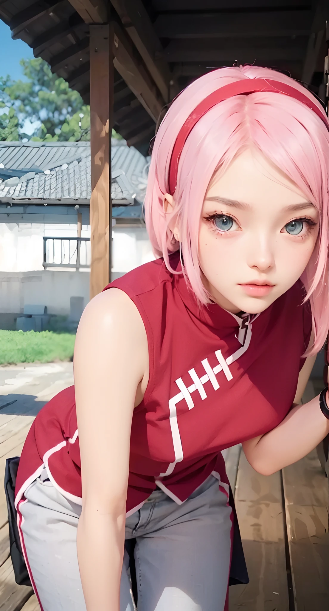 Real life adaption of this character, teen beauty face,realistic same hair, (realistic same outfit wear Realistic headband), realistic same background , realistic light, realistic shadow, realism, hyper realistic,(photorealistic:1.2),