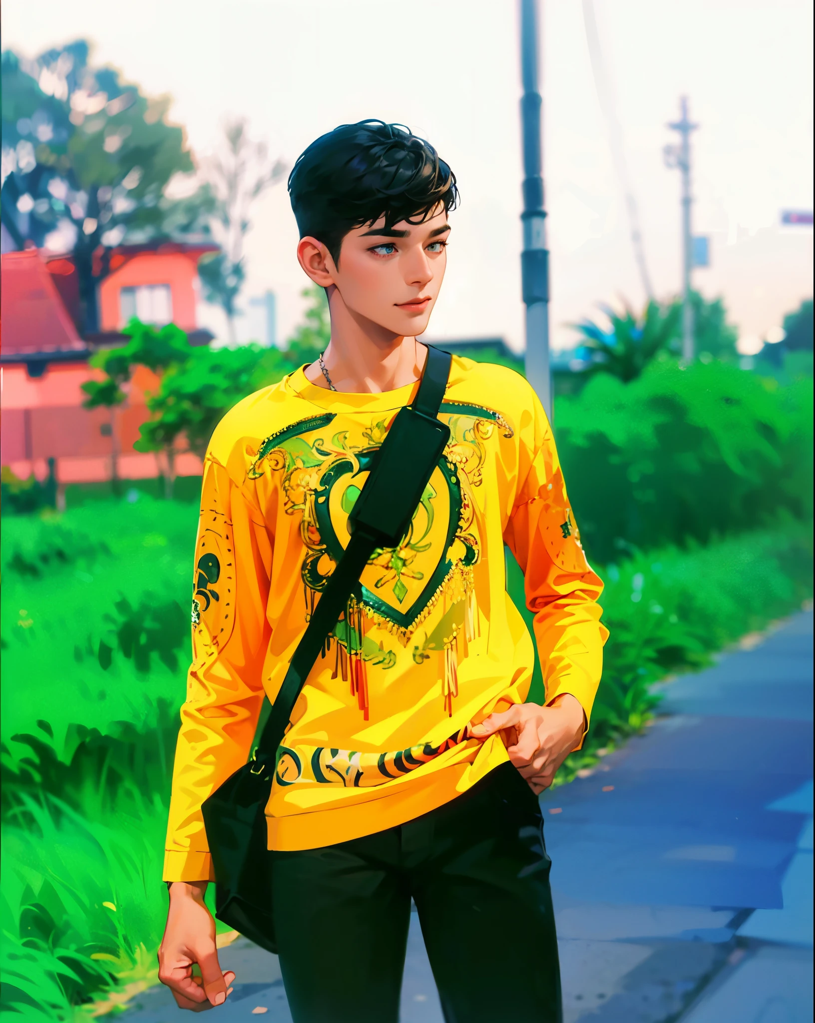 (absurdres, highres, ultra detailed, HDR), masterpiece, best quality, 1boy, handsome, short hair, finely eye and detailed face, (white t-shirt), (jean jacket), dimple, forehead, night street, night city, midnight, selfie shot, light smile