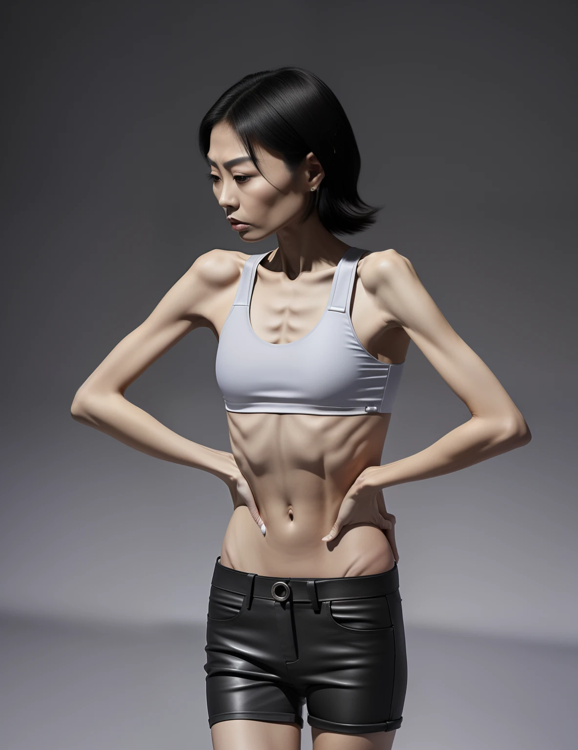 extremely thin person, A thin body,Protruding sternum,The waist is very thin,The ribs are noticeable,Protruding ribs,The pelvic protrusion is very obvious,The pelvis is markedly elevated,White skin of the,thin shoulde,The waist is very thin,Sunken abdomen,Delicate arms,The lower abdomen is depressed,Short hair details,Wear tight leather pants,Asia face,extremely thin,angry look,Excessive weight loss,weeping,Face becomes thinner,Severe malnutrition,Incompetent men