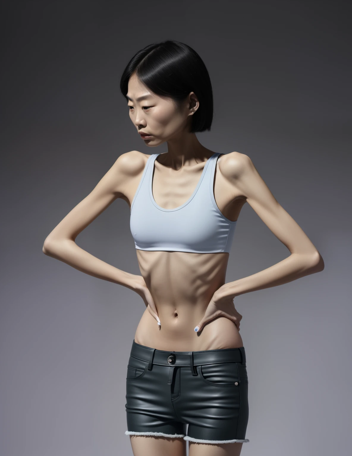 extremely thin person, A thin body,Protruding sternum,The waist is very thin,The ribs are noticeable,Protruding ribs,The pelvic protrusion is very obvious,The pelvis is markedly elevated,White skin of the,thin shoulde,The waist is very thin,Sunken abdomen,Delicate arms,The lower abdomen is depressed,Short hair details,Wear tight leather pants,Asia face,extremely thin,angry look,Excessive weight loss,weeping,Face becomes thinner,Severe malnutrition,Incompetent men