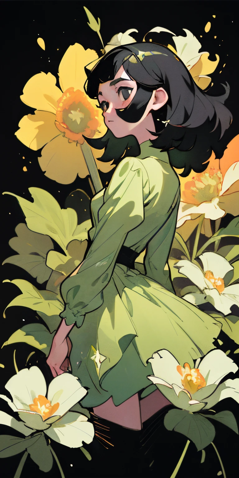 (Best quality at best,tmasterpiece),1girl,galaxias,glitters,shift dresses,Particle,ventania,florals,The upper part of the body,Dark simple background,looking at viewert,Blooming flowers flutter in the wind,Girl in the flowers,Light green and silver design,Pay attention to the texture of the skin and flowers,Sony FE 12-24mm F/2.8 General Motors,Impressionist garden,Proficient in calligraphy,eco-friendly craftsmanship,Brush stroke exploration,Black hair and black eyes,Teenage girl,lolita