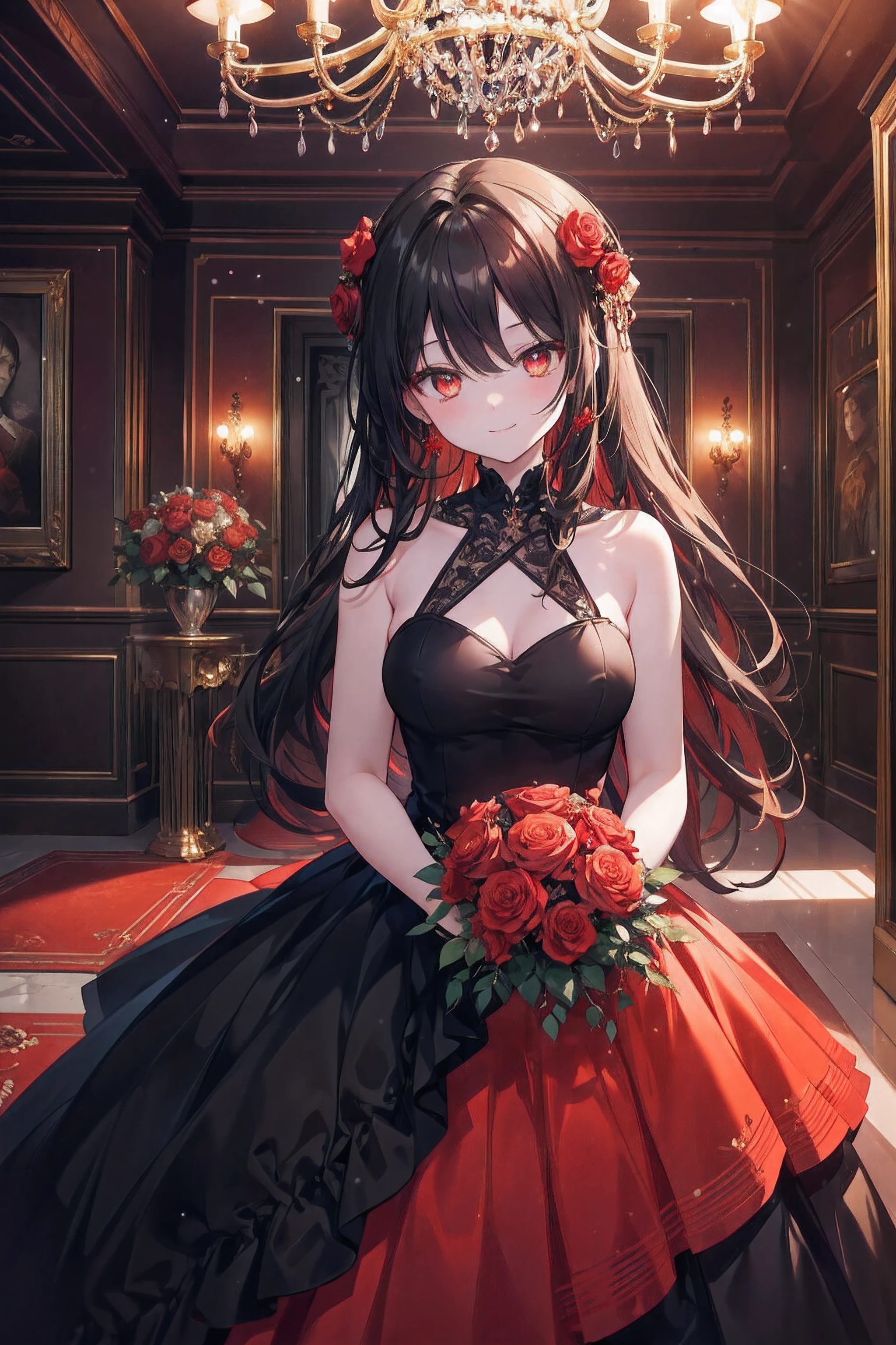 hiquality（１.４） woman with a bouquet of red roses、ball、Shoot Hair、beautiful orange eyes、Black dress、creepy smiling face、It's snowing outside、Red carpet、chandeliers、Gold decoration、table with wine