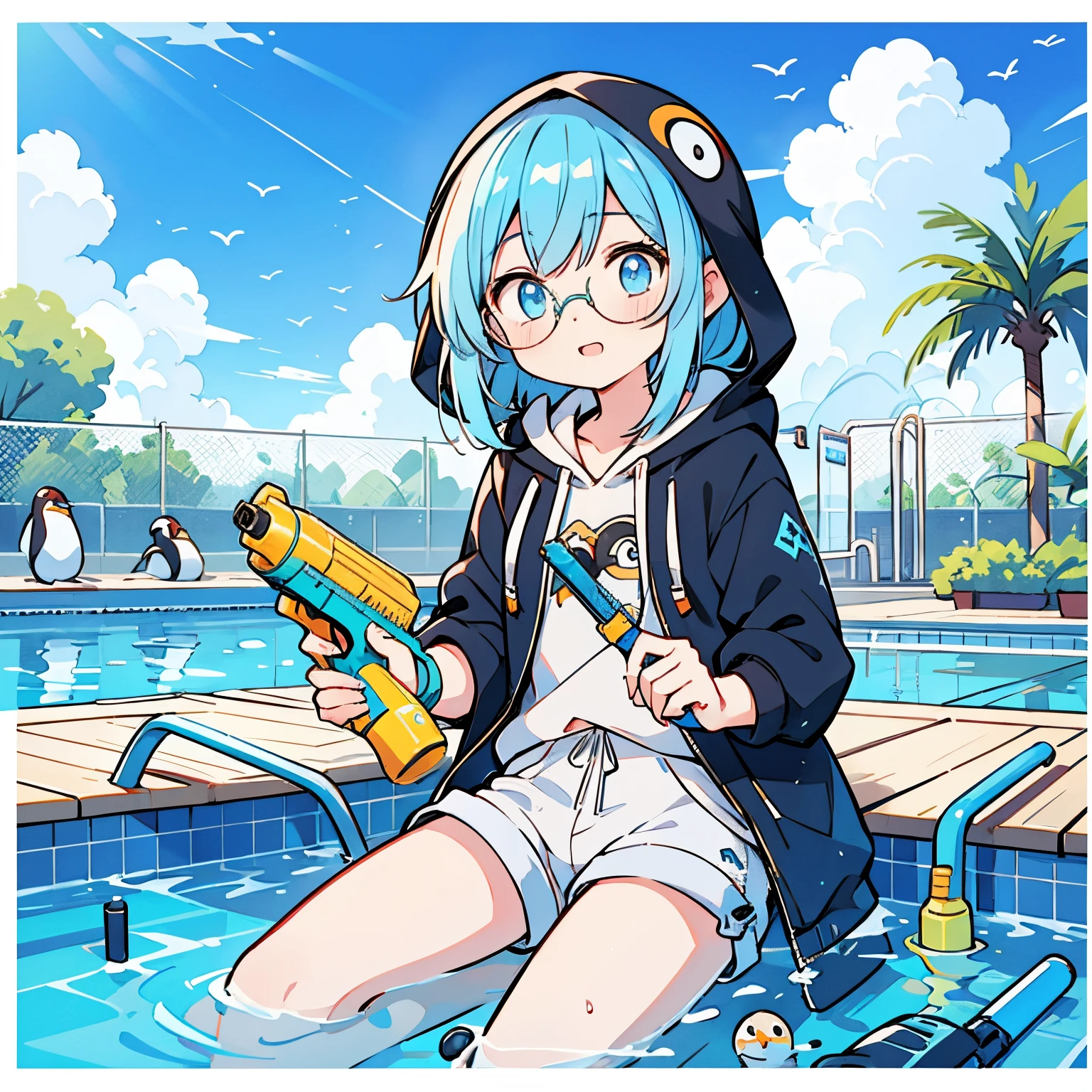 Male teenager、lightblue hair、straight haired、blue eyess、Wearing borderless round glasses、Blue Hoodie、Wearing a hood、White shorts、Hold a water gun、bright expression、With the Penguins、The weather is sunny、Pool in the background