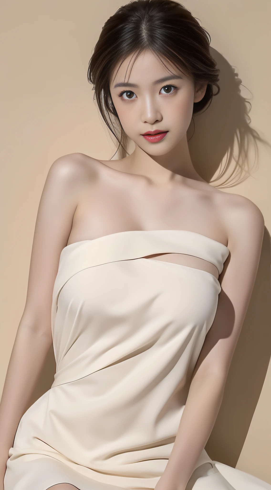 (Aesthetic, A high resolution: 1.2), Profesional photogarpher, The Art of Exposure, Japanese woman lying flat,Bigchest:0.4,Seductive eyes,seductiveexpression, moist lips, Bandeau Dress,sweaty,Full body photo,overhead photography