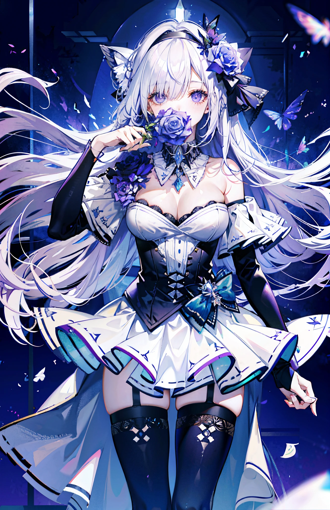 silber hair,butterflys,Long gray hair,8k wallpaper,detailedbackground,Highest resolution,Deep V large breasts,hair covering one eye,Bando,Church background,purple roses,Tight,themoon,