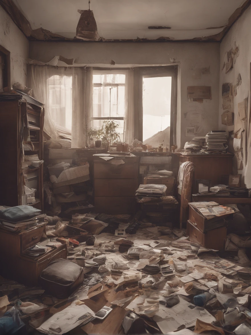 (Best quality at best,4K,A high resolution,tmasterpiece:1.2),ultra - detailed,((Dim light:1.3)),(フォトリアリスティック:1.37),(((Messy photography studio:1.5))),No one inside, The socks under the bed don't match, Shabby wooden chair,(A broken photography light on the ground:1.3),(The desk and floor are piled with various worn-out cameras and lenses:1.5),Old photos and photography magazines,Old photos and old newspapers on the wall,old magazines,Dirty laundry was scattered throughout the room, dusty atmosphere, dim murky lights, messy rooms, Overlooked plants in the corner, piles of unfolded clothes, Cluttered bookshelves,filled with books and trinkets, Half-open windows,The curtains were in tatters, messy bed,The sheets were crumpled, Art supplies scattered on the table, A cracked mirror reflects chaos, The atmosphere is gloomy and chaotic, A forgotten teddy bear lies on the floor, The walls are littered with unfinished drawings, Scattered coffee cups and empty snack wrappers, The lamp on the bedside table is broken, The floor was covered with a worn carpet, Somber color palette with pastel tones, a feeling of being ignored and confused,(Motion picture film tones,Antique color,retro tone,Fading effect)