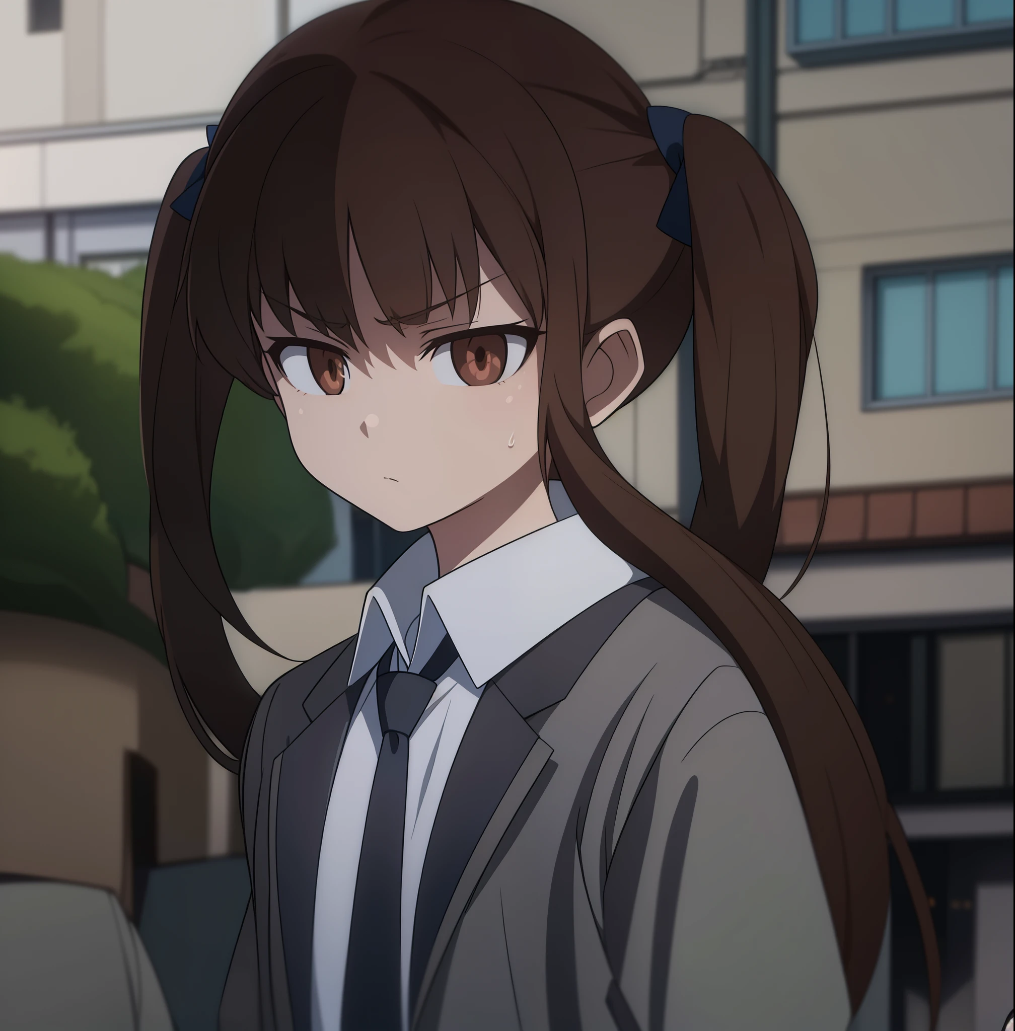 hiquality, tmasterpiece (one girls) brown hair with ponytails. indifferent face. pale skin. gray blazer. white shirt with tie. Brown eyes. against the backdrop of the street of a Russian city
