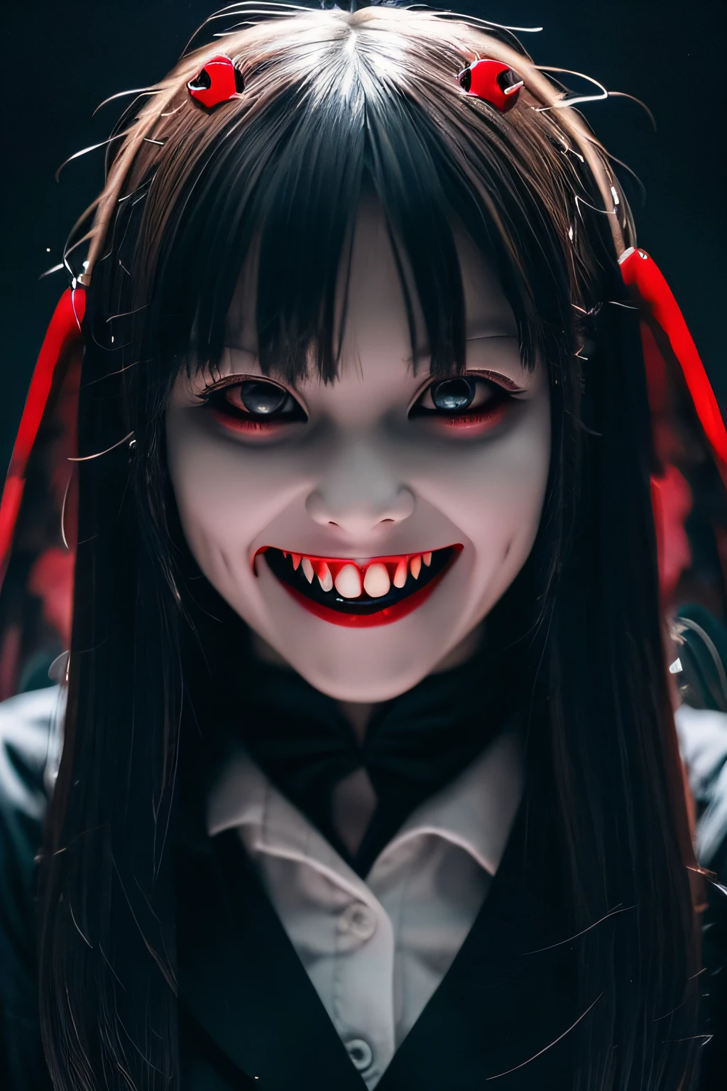 a creepy looking Wednesday Addams girl, pale skin, red glowing eyes, insane twisted smile, dark messy hair, black dress, dark gothic Victorian aesthetic, ornate gothic architecture background, dramatic moody lighting, dark fantasy, cinematic, highly detailed, photorealistic, 8k, masterpiece