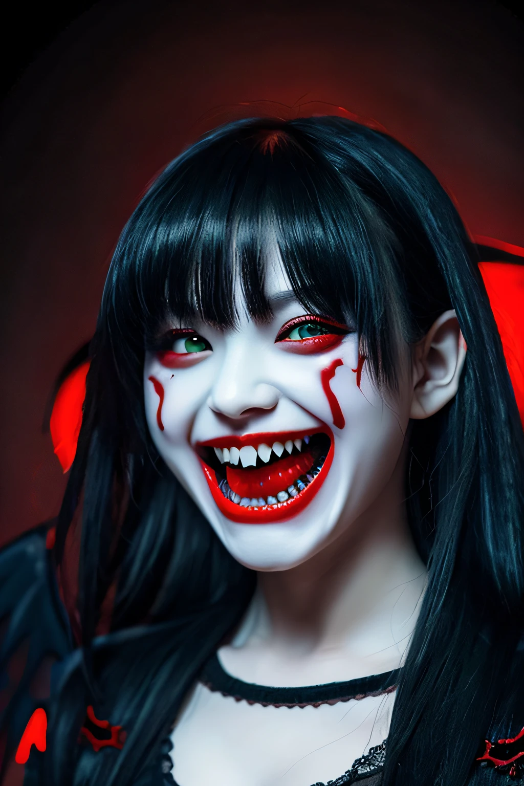 Red Eyes, Vampire tooth fangs, Boolean Face, Blood from the mouth, Smirk,Bat Wings, Scary smile, Psychopathic grin, Psychopath Smile, Scary, Oral opem, Angry eyes, Vampire, Dark sky background, Red + Blue + Green, Shining red moon